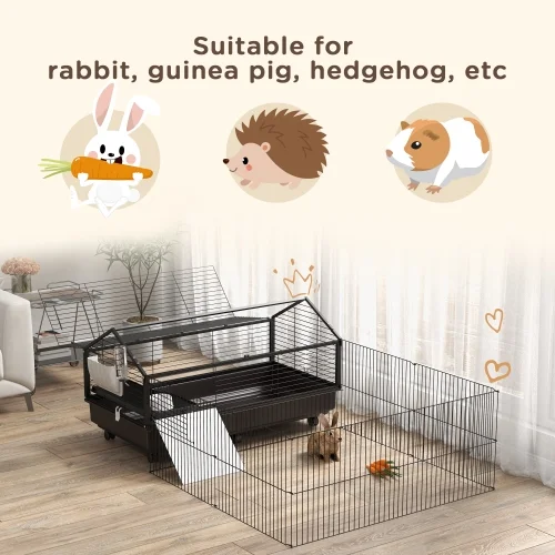 PawHut Small Animal Cage with Foldable Run Area, Rolling Bunny Cage, Guinea Pig Cage, Hedgehog Cage with Water Bottle, Water Bowl, and Ramps, 46.5