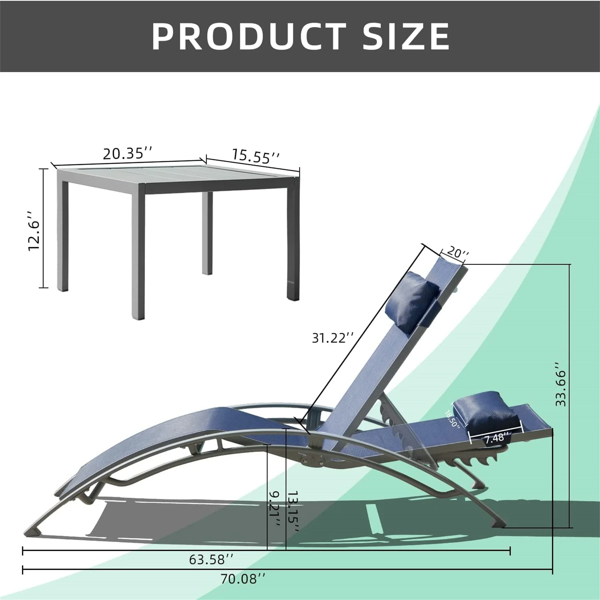 Adjustable Aluminum Chaise Lounge Chairs with Metal Side Table,Set of 3 Navy Blue