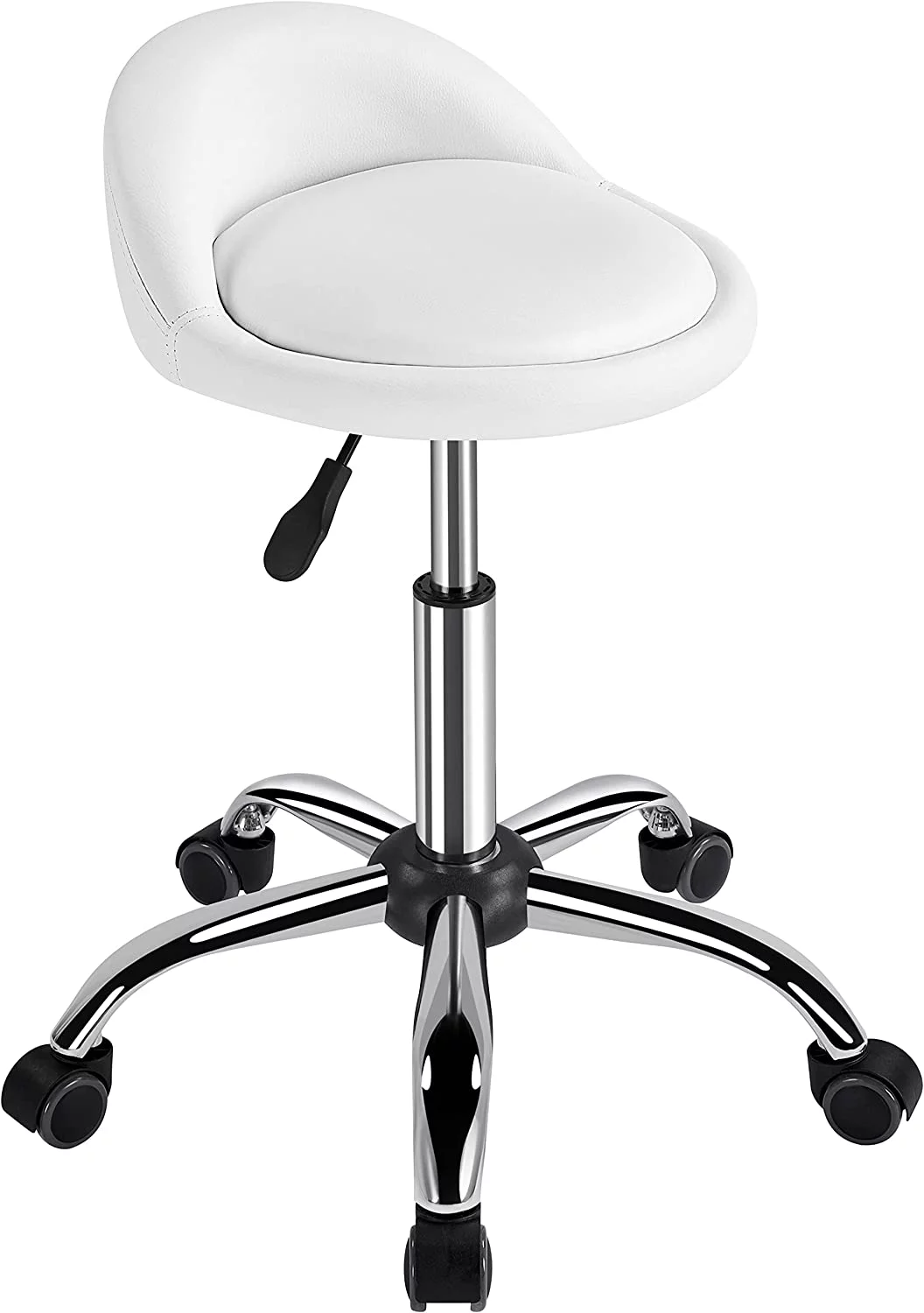PU Leather Rolling Stool - Height Adjustable Swivel Round Stools Chair with Wheels & Backrest for Spa Massage Salon Tattoo Drafting Facial Office,White