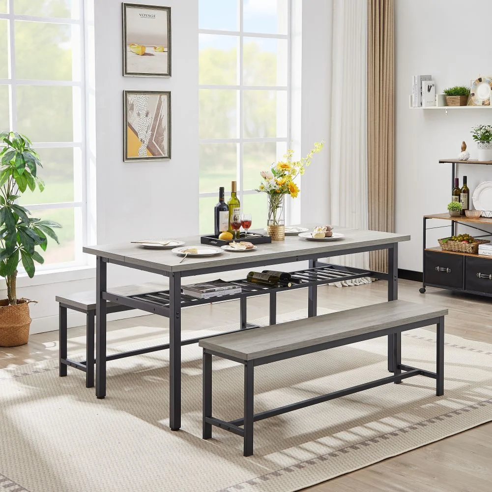 Oversized dining table set for 6, 3-Piece Kitchen Table with 2 Benches, Dining Room Table Set for Home Kitchen, Restaurant, Rustic Grey, 67'' L x 31.5'' W x 31.7'' H.