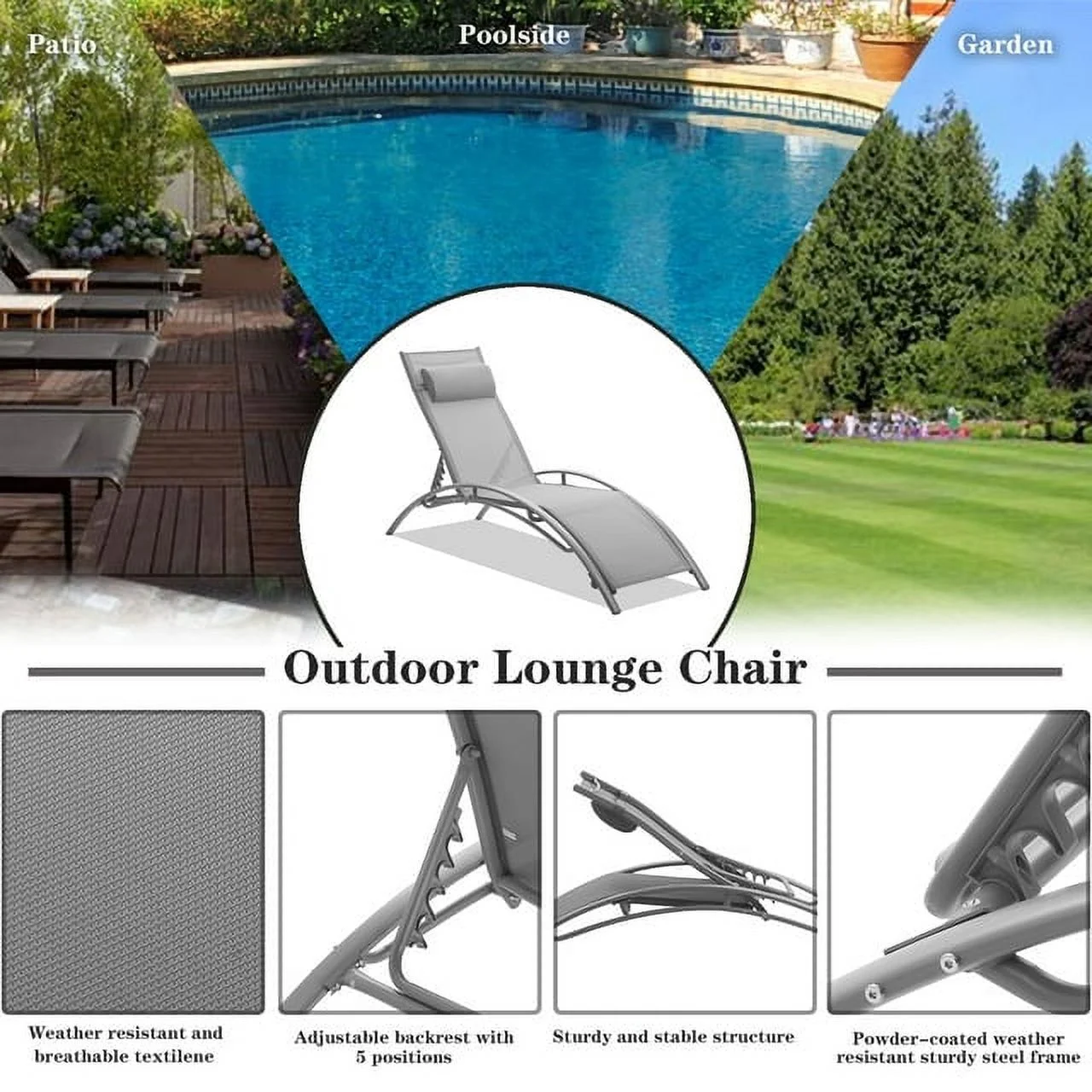 Ainfox Set of 2 Patio Lounge Chairs Adjustable Chaise Lounges Recliner for Patio, Garden, Backyard, Beach,Poolside(Grey)
