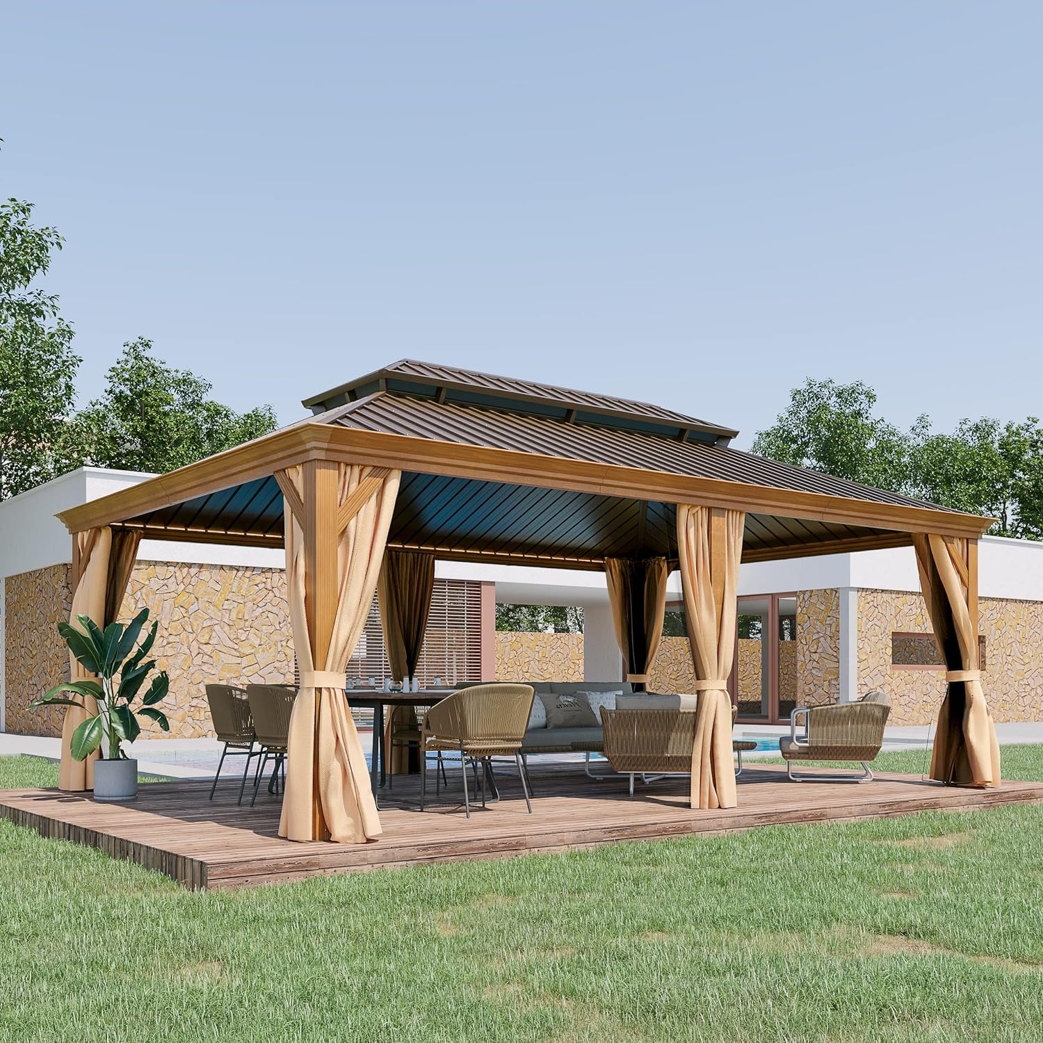 GAZEBETER 14' X 20' Permanent Hardtop Gazebo, Outdoor Galvanized Steel Double Roof Pavilion Pergola Canopy Wood-Looking with Aluminum Frame and Privacy Curtains for Garden,Patio