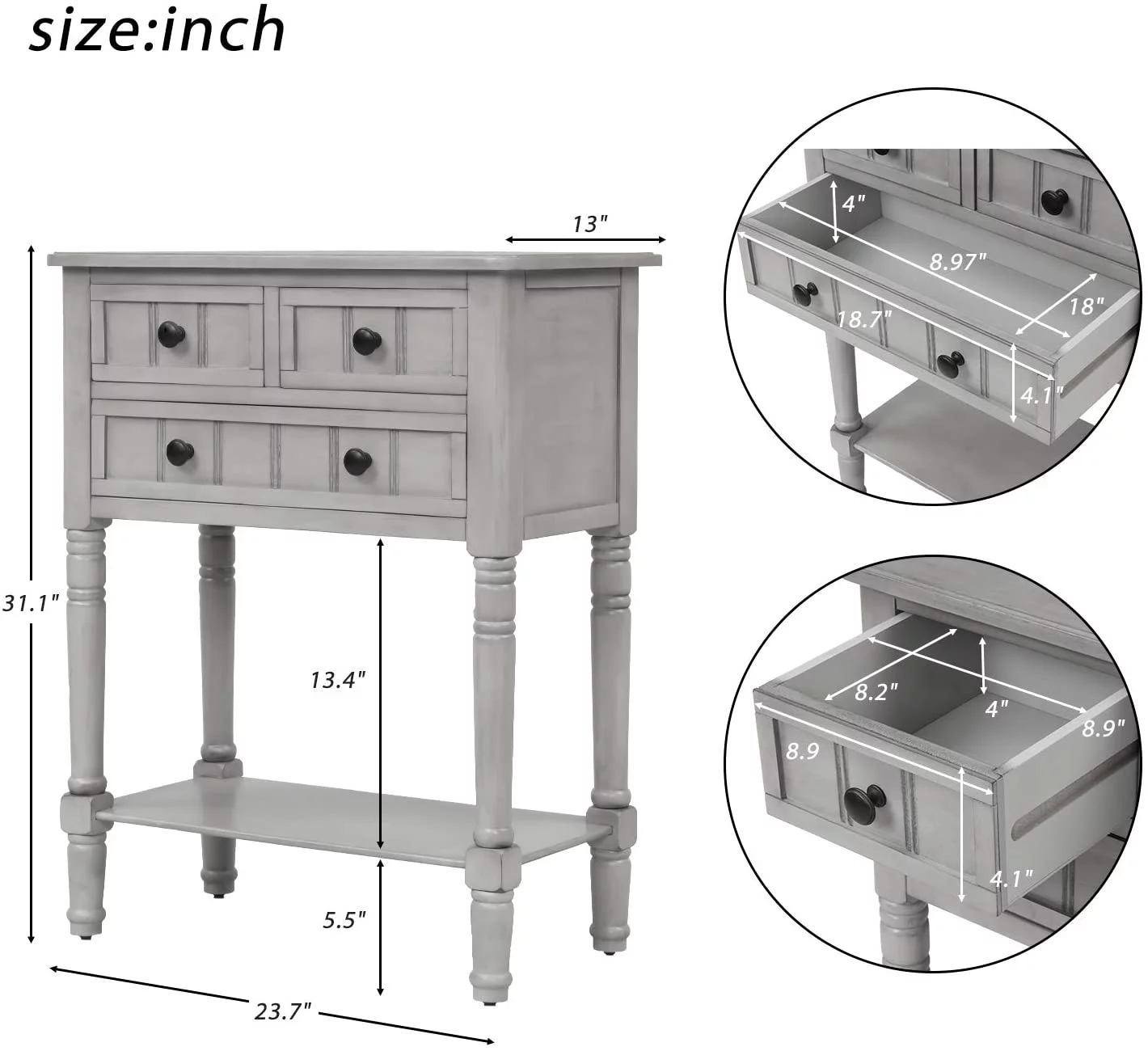 Narrow Console Table, Rustic Entryway Table Slim Sofa Table with Three Storage Drawers and Bottom Shelf, Wood Side Table for Living Room, Easy Assembly (Gray)