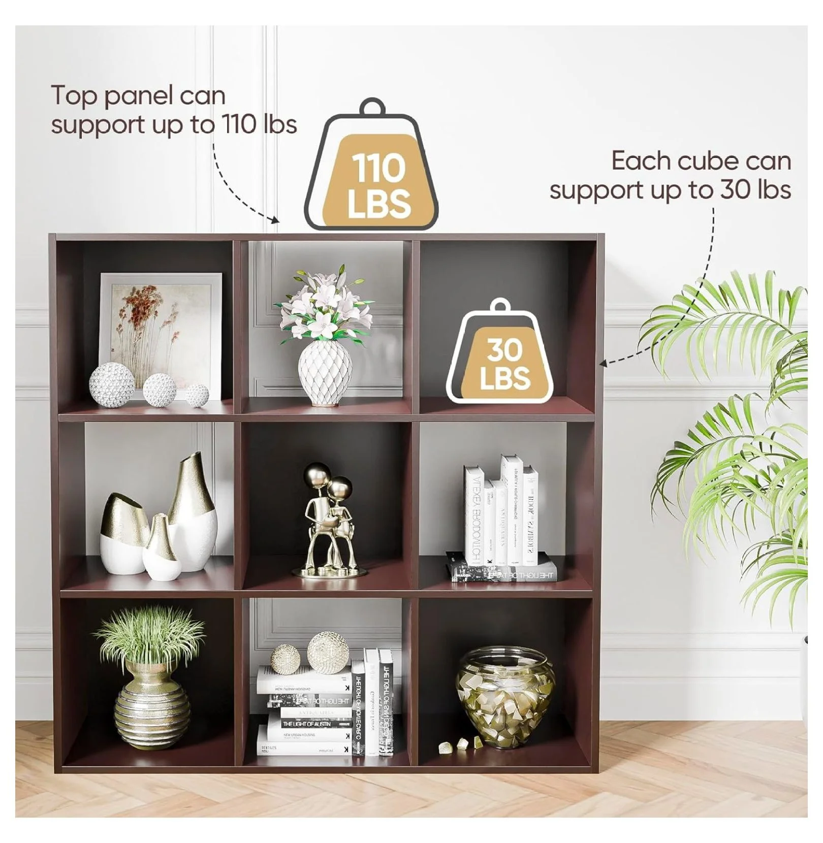 9 Cube Storage Organizer Shelf with 5 Removable Back Panels Freestanding 3-Tier Open Wood Bookshelf for Home, Office, Bedroom, Living Room (Espresso)