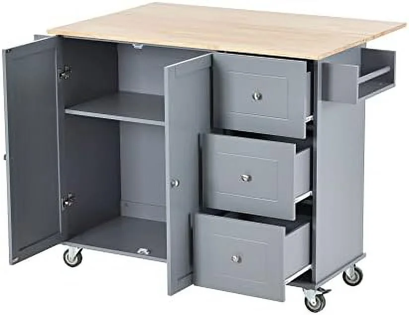 TJCGDTY Rolling Kitchen Island Cart with Folding Drop Leaf and  Cabinets  Kitchen Cart on Wheels with Spice Rack  Towel Rack and 3 Drawers  Dark Blue