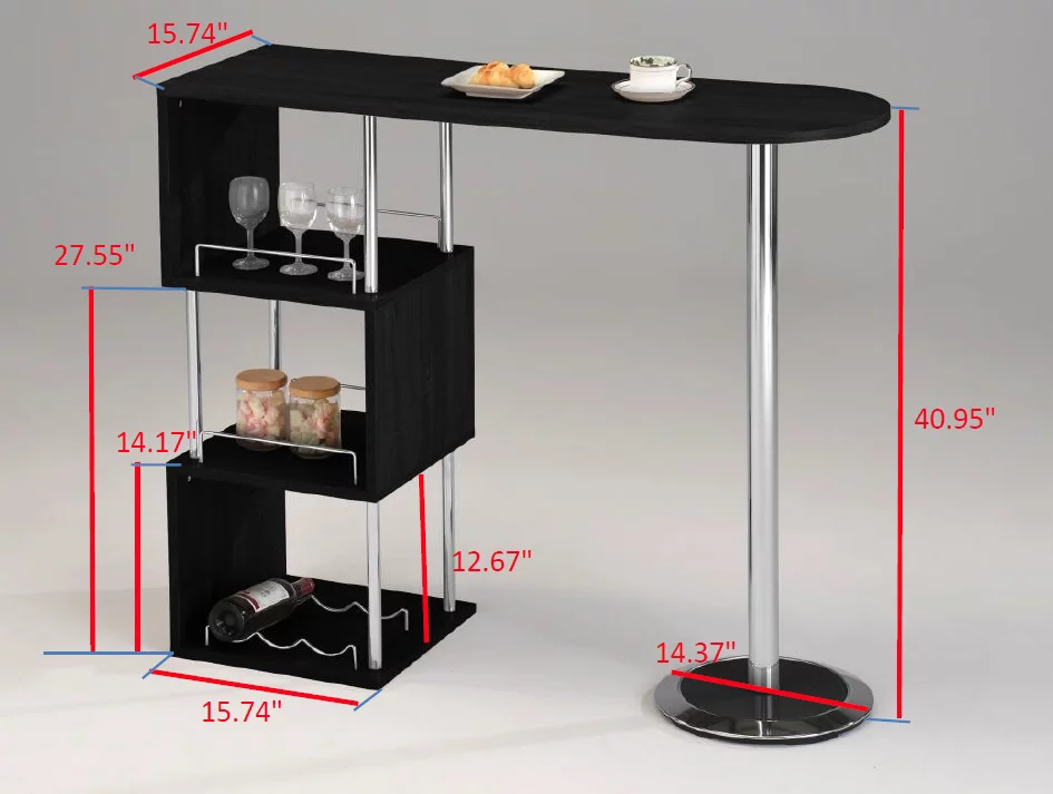 Lapeer Modern Bistro Bar Table with Wine Rack, Black Wood & Chrome Metal