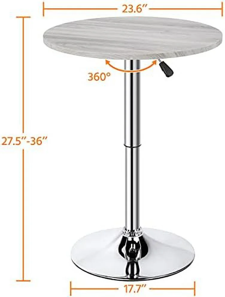 Height Adjustable Round Pub Table Counter Bar Height MDF Top Table 360° Swivel Bar Tables Tall Cocktail Tables Bistro Table, Grey