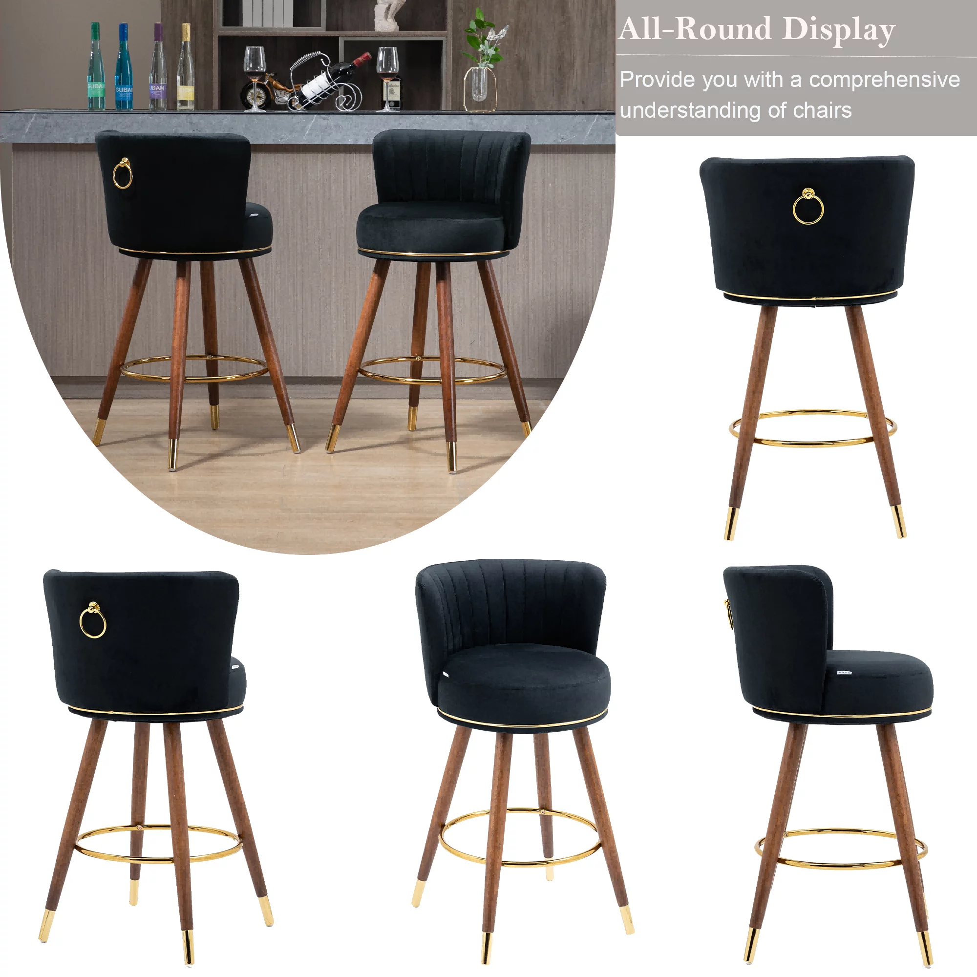 Upholstered Bar Stools, Upholstered Tufted Counter Height Bar Stool Chairs with Solid Wood Legs Kitchen Island Padded Barstools with Footrest High Dining Chairs(Black,Set of 2)