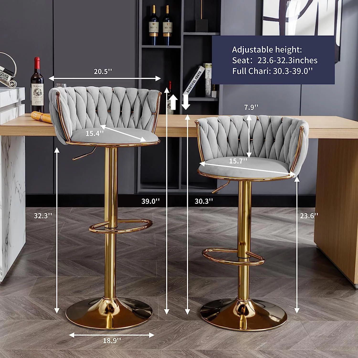 ZAFLY Adjustable Barstools, 360 Degree Swivel Bar Stool with Back at Counter Height Set of 6, Non-Slip Base Bar Stools for Pub/Kitchen Island (Dark Grey)
