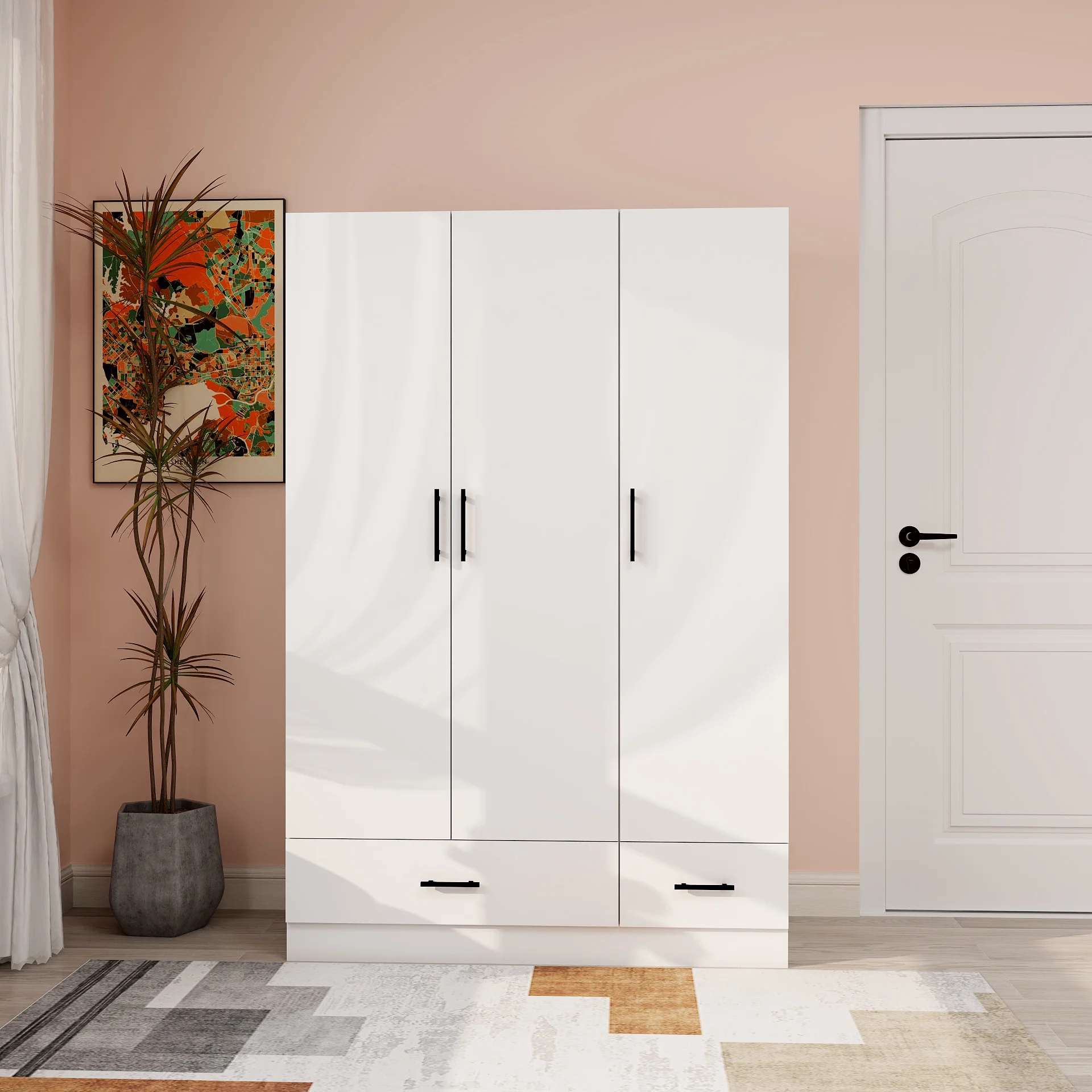 ModMakers Wood Wardrobe Armoire Closet, 3-Door Wooden Closet Storage Cabinet with Drawers & Hanging Rod for Bedroom, White