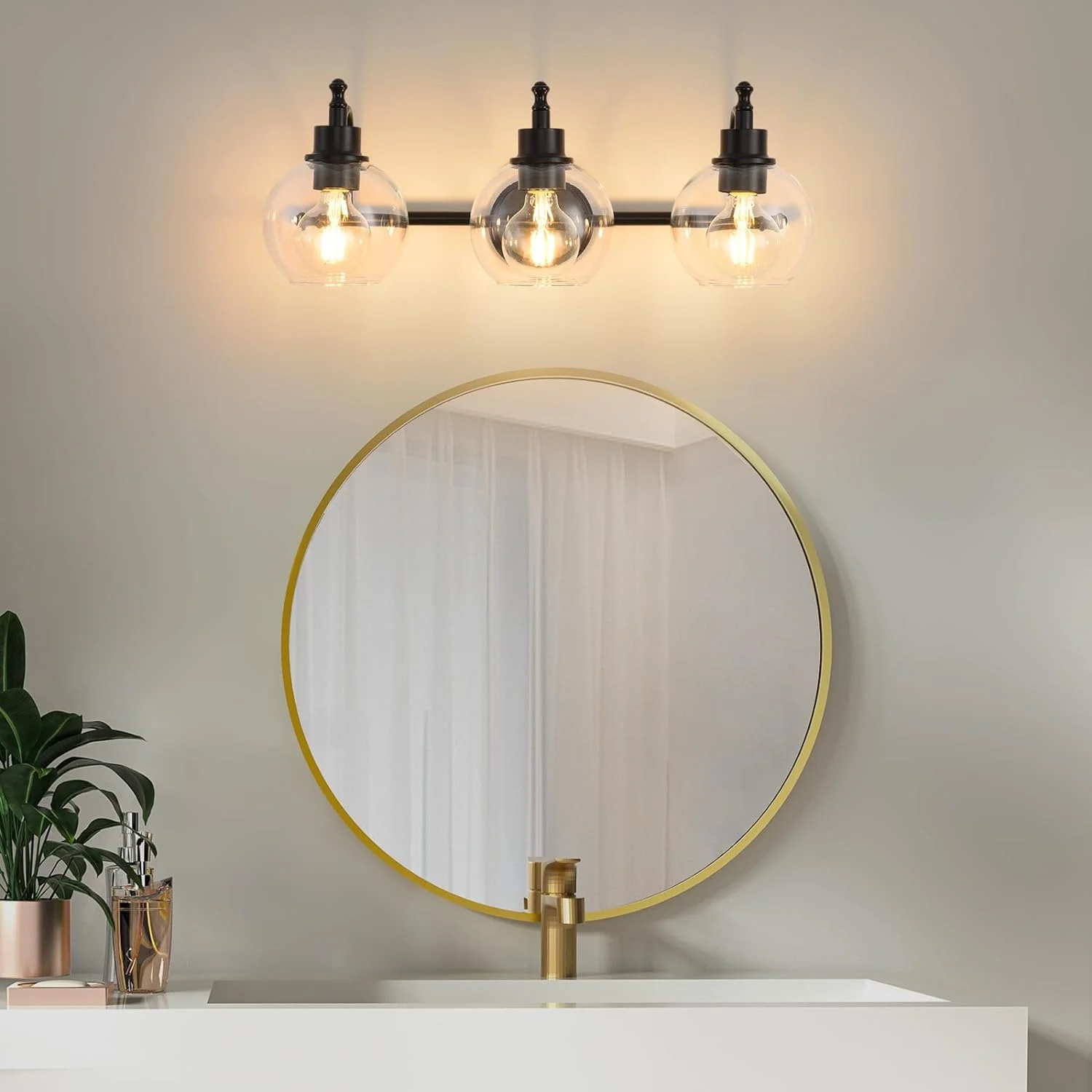 Modern 3-Light Brushed Gold Bathroom Vanity Fixture with Clear Glass Shade for Living Room and Kitchen