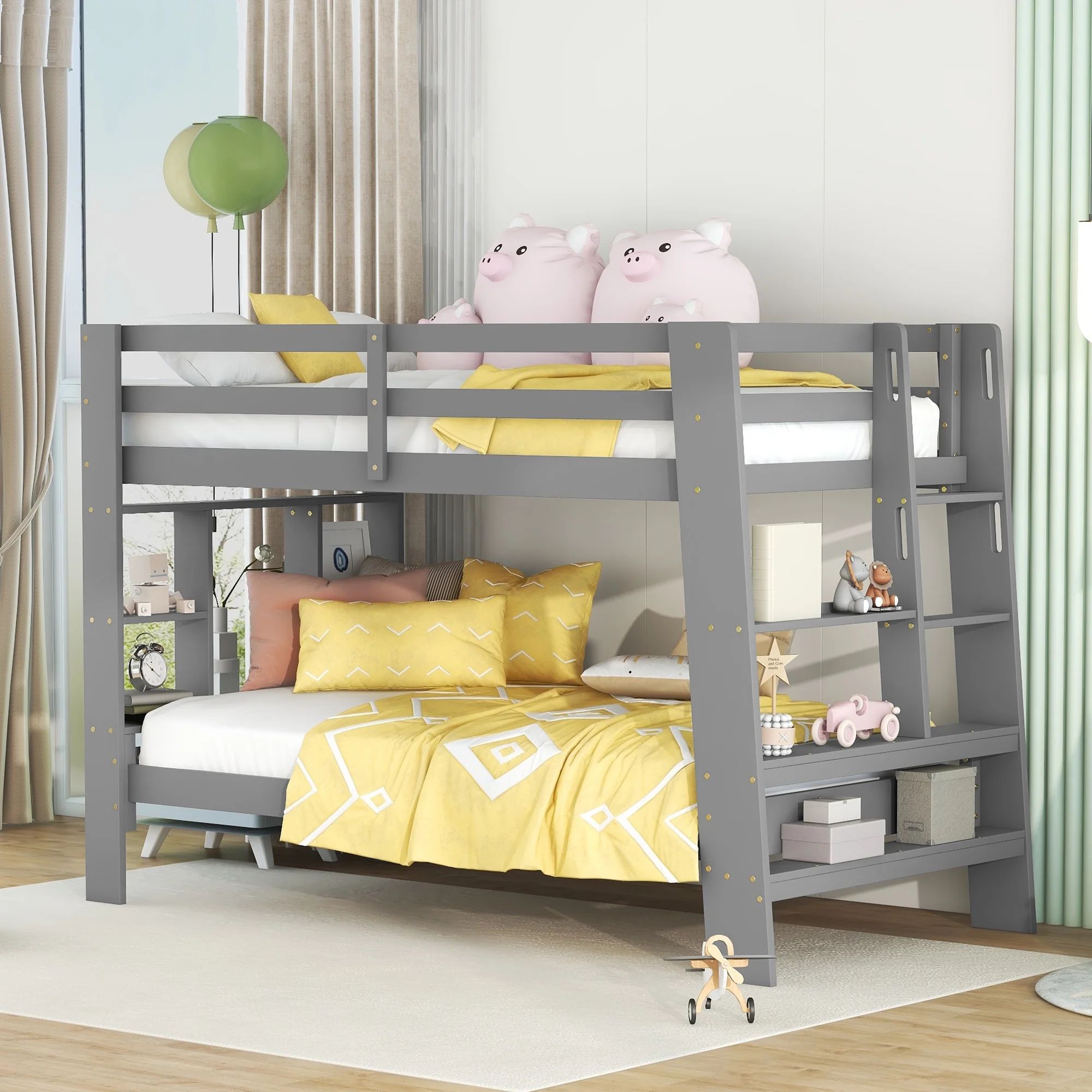 EUROCO Twin over Twin Bunk Bed with Storage Cabinets and Shelves, Gray