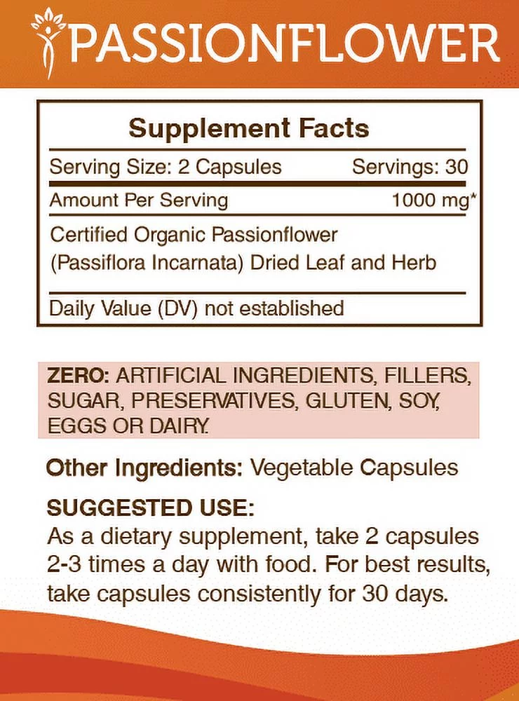 Secrets of the Tribe Passionflower 60 Capsules, Organic Passiflora Incarnata Improves Sleep Quality 500 mg