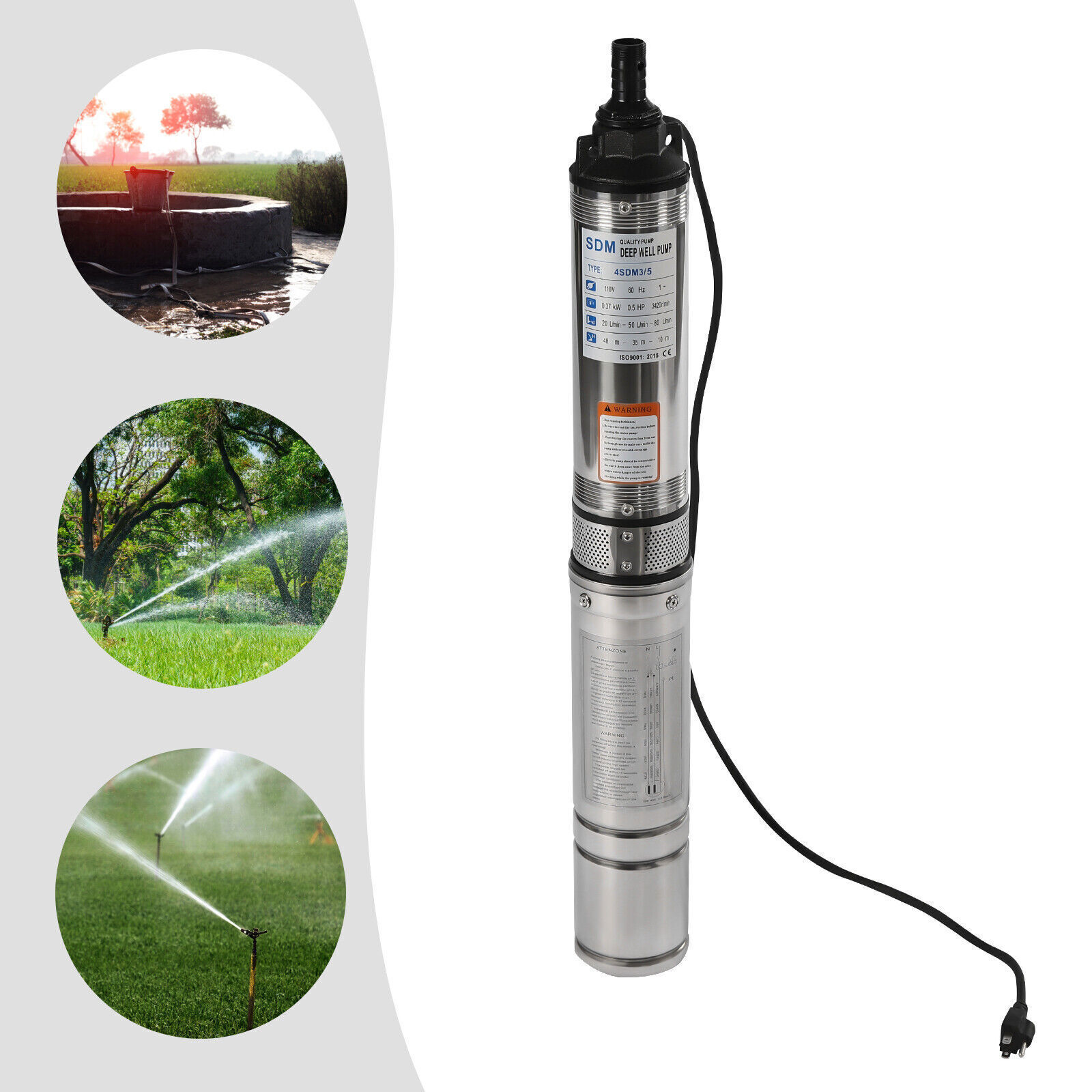 1/2HP 16GPM Submersible Pump,110V Stainless Steel 0.37KW,0.5HP Deep Well Pump 4SDM3/5 Silver Stainless Steel