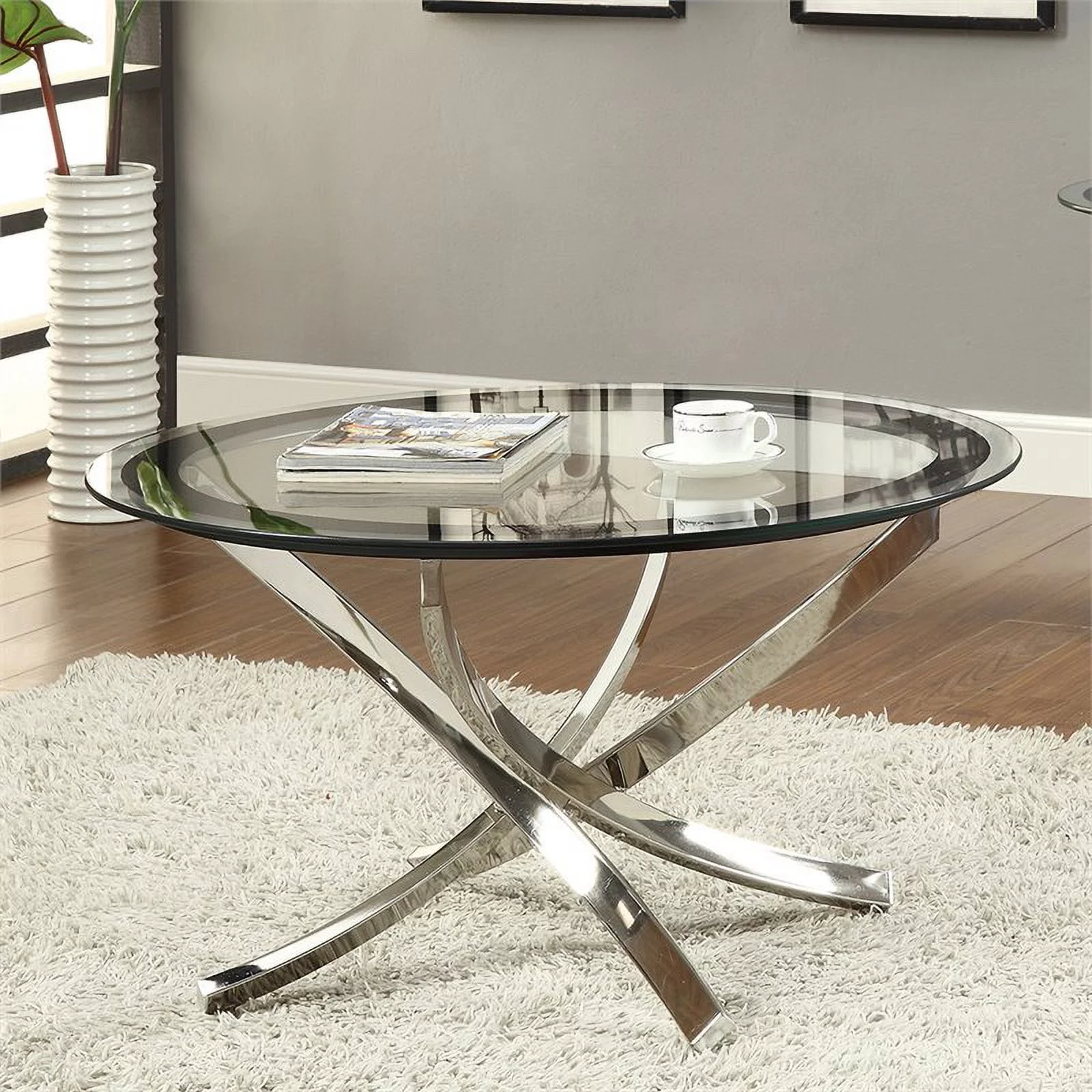 Bowery Hill Round Glass Top Accent Coffee Table in Chrome
