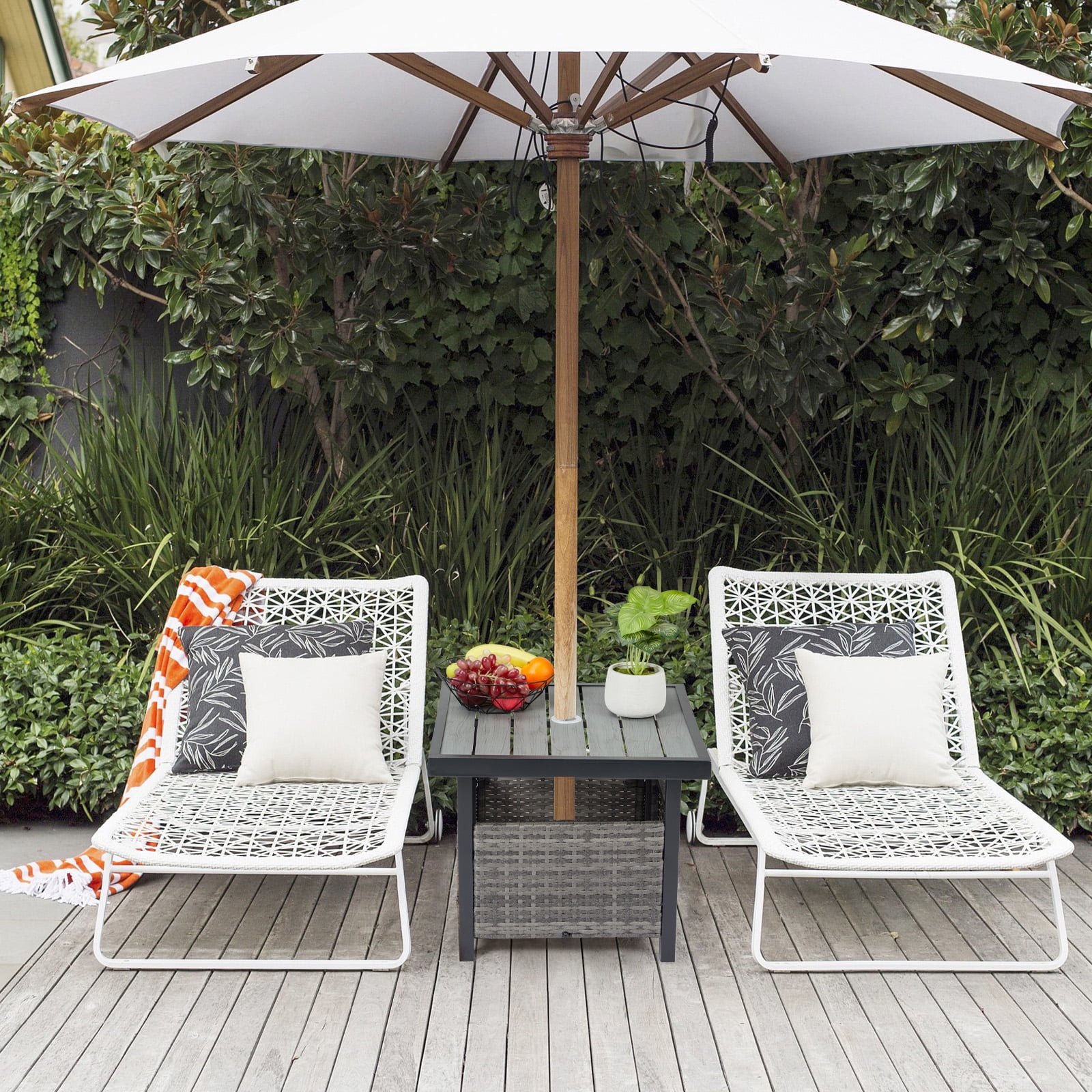 BAYUELSWU Outdoor Side Table with Umbrella Hole Wicker, PE Rattan Wicker Umbrella Side Table Stand, Patio Wicker Side Tables with Storage (Gray)