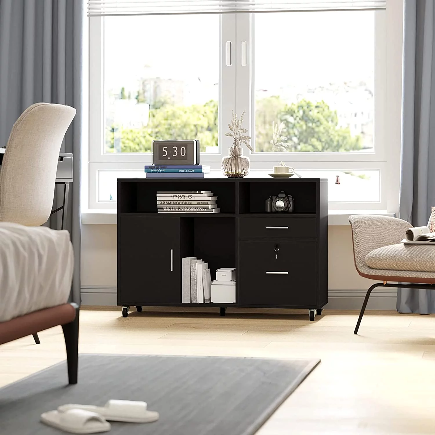 GOURE Wood Lateral File Cabinet for Home Office, 2 Drawer Storage Cabinet, Fits A4, Letter Size Files, Printer Stand with Shelves and Door, Black