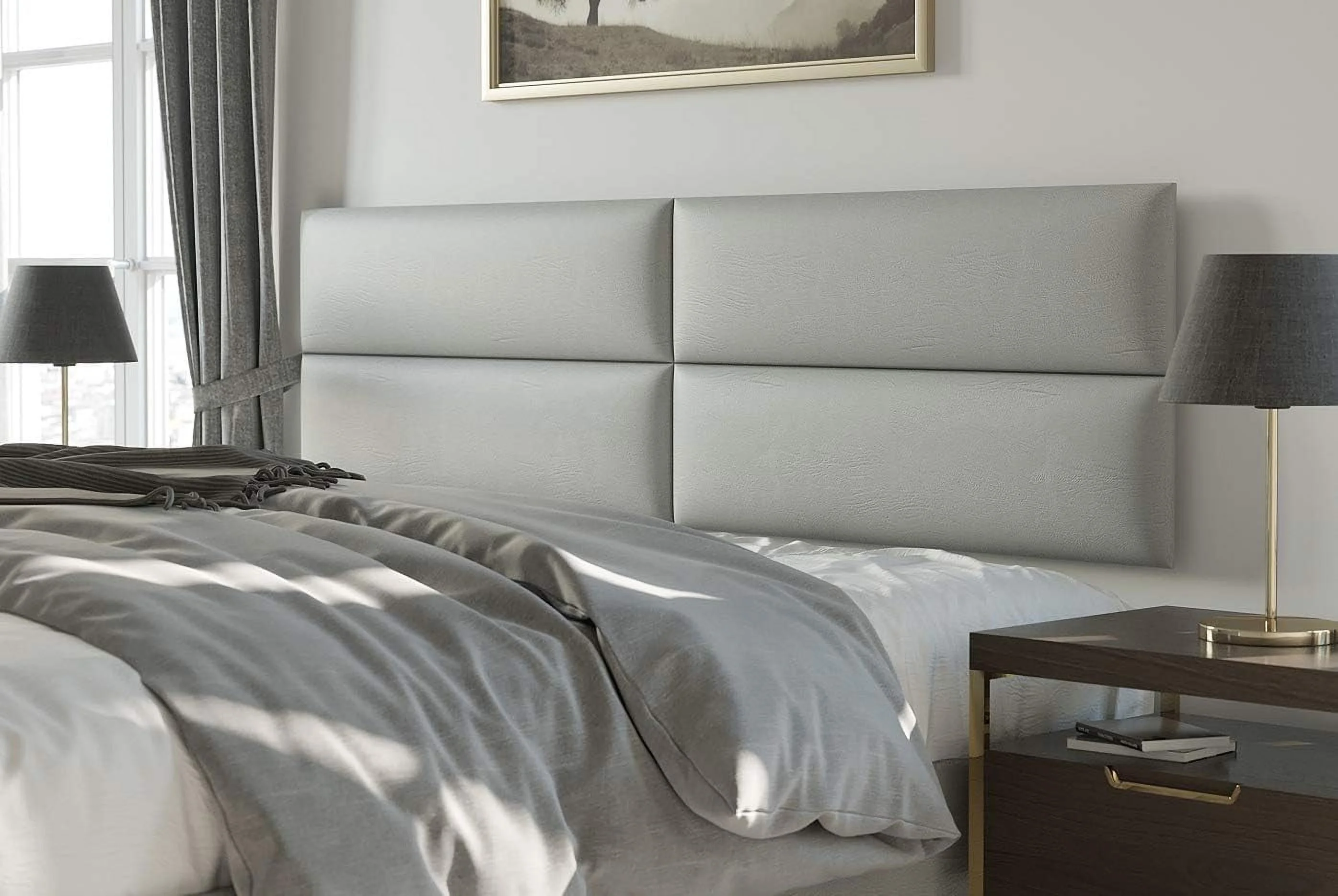 Upholstered Wall Panels - King/Cal King Size Wall Mounted Headboards - Vintage Leather Light Grey - Pack Of 4 Panels (Each Individual Panel 39