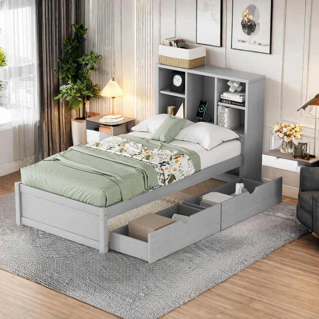 Modern Twin Size Bed Frame With Built-in USB Port on Bookcase Headboard and 2 Drawers,Platform Bed with Storage Headboard for Bedroom,Wood Bed Frame with Support Slats for Kids,Gray