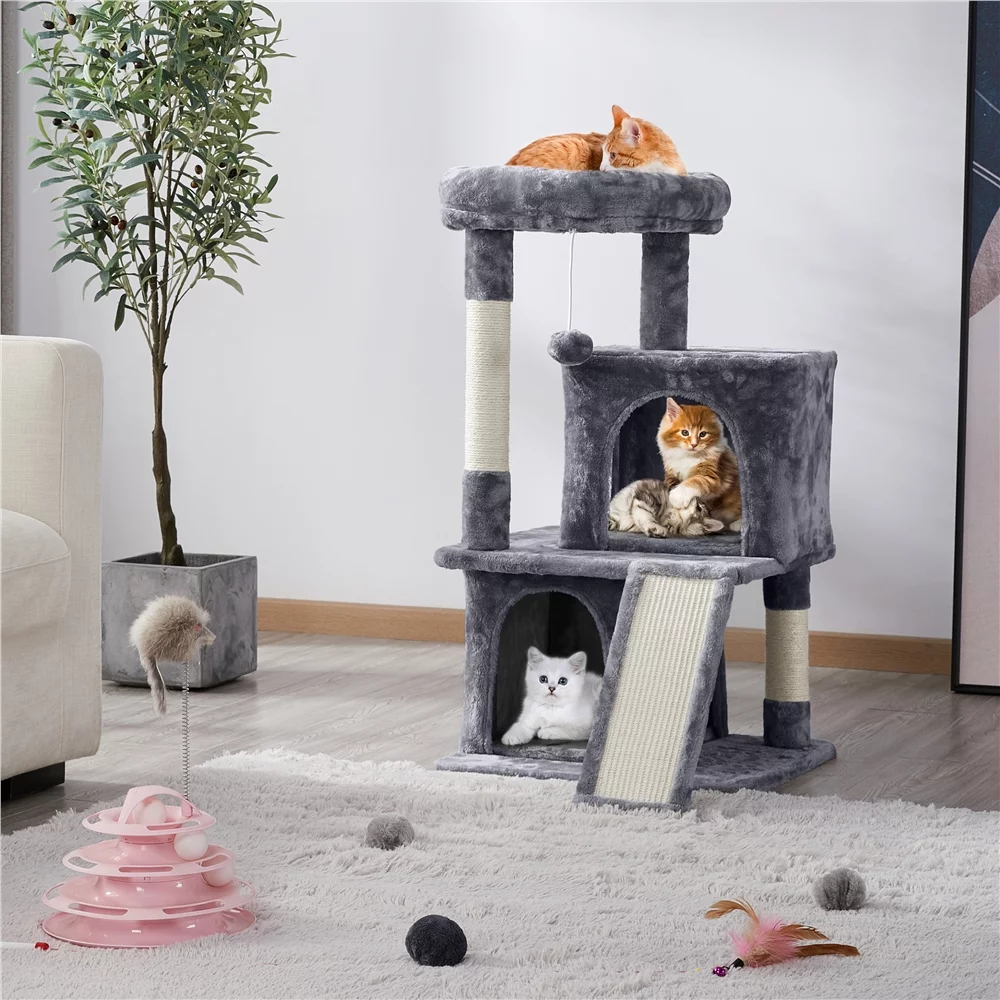 Easyfashion Multilevel Plush Cat Tree with Double Condos and Furry Ball,Dark Gray