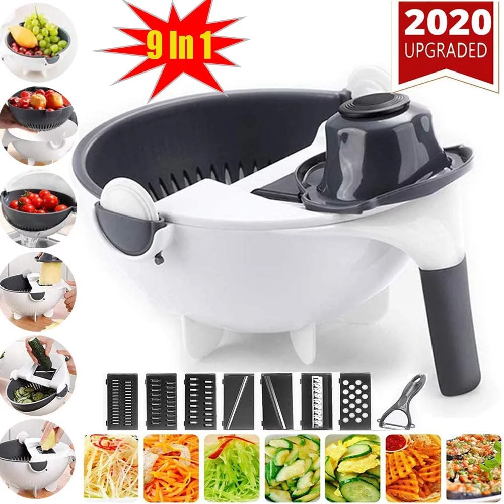 New 9 in 1 Multifunction Magic Rotate Vegetable Cutter with Drain Basket Large Capacity Vegetables Chopper Veggie Shredder Grater Portable Slicer Kitchen Tool with 8 Dicing Blades