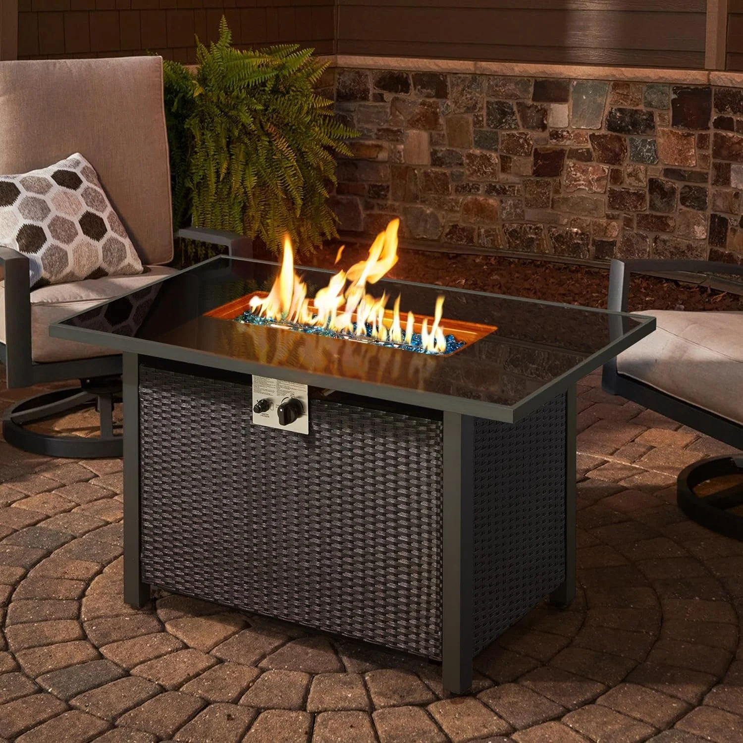 43 in Outdoor Propane Fire Pit 50,000 BTU Gas Fire Pit Table with Glass Tabletop, Rattan Wicker Base and Waterproof Cover, Rectangle Gas Firepit Table for Garden/Patio, CSA Certification