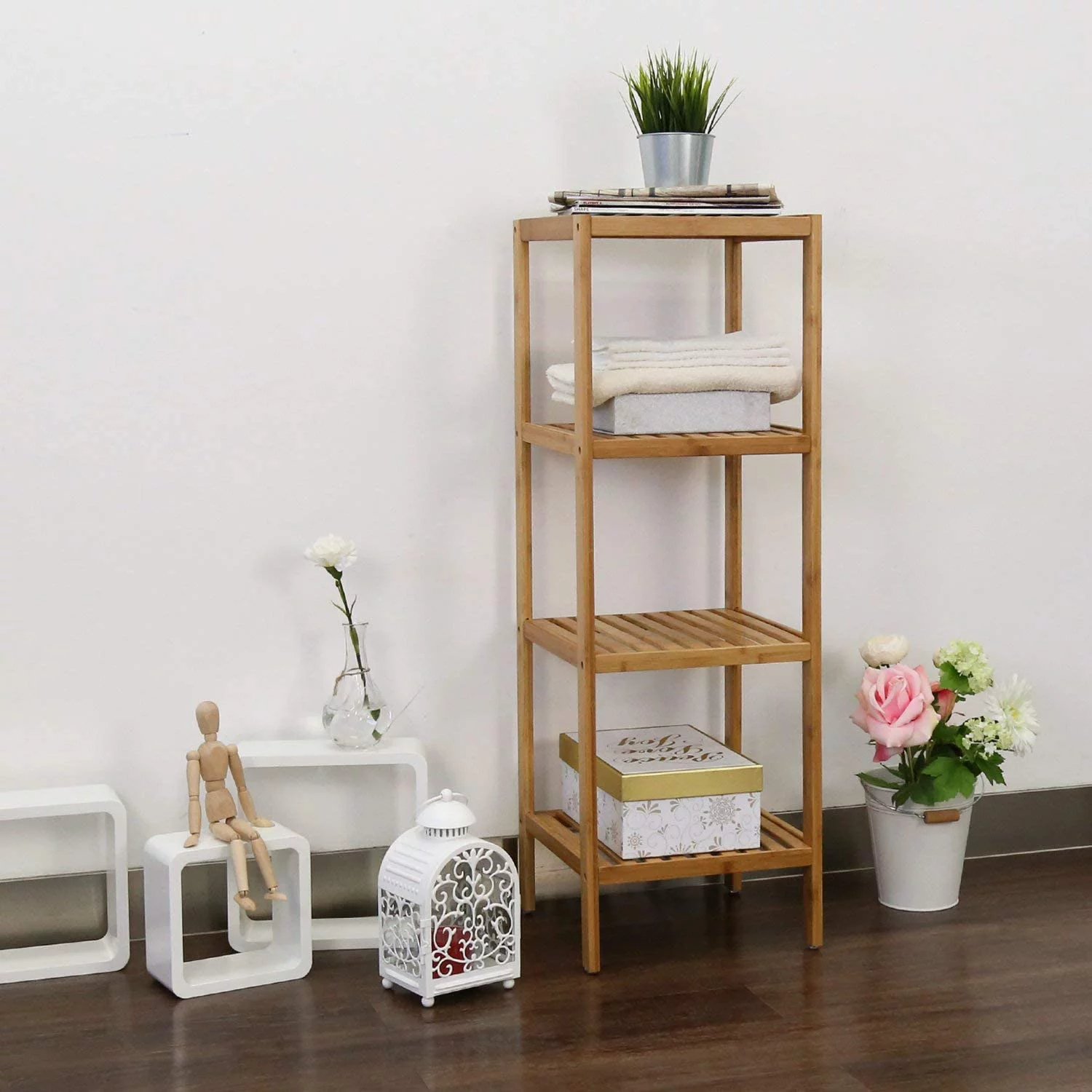 4-Tier Bamboo Shelf Narrow Bathroom Shelf Organizer - Flower Plant Stand, Corner Bamboo Shelf for Living Room Bathroom Kitchen