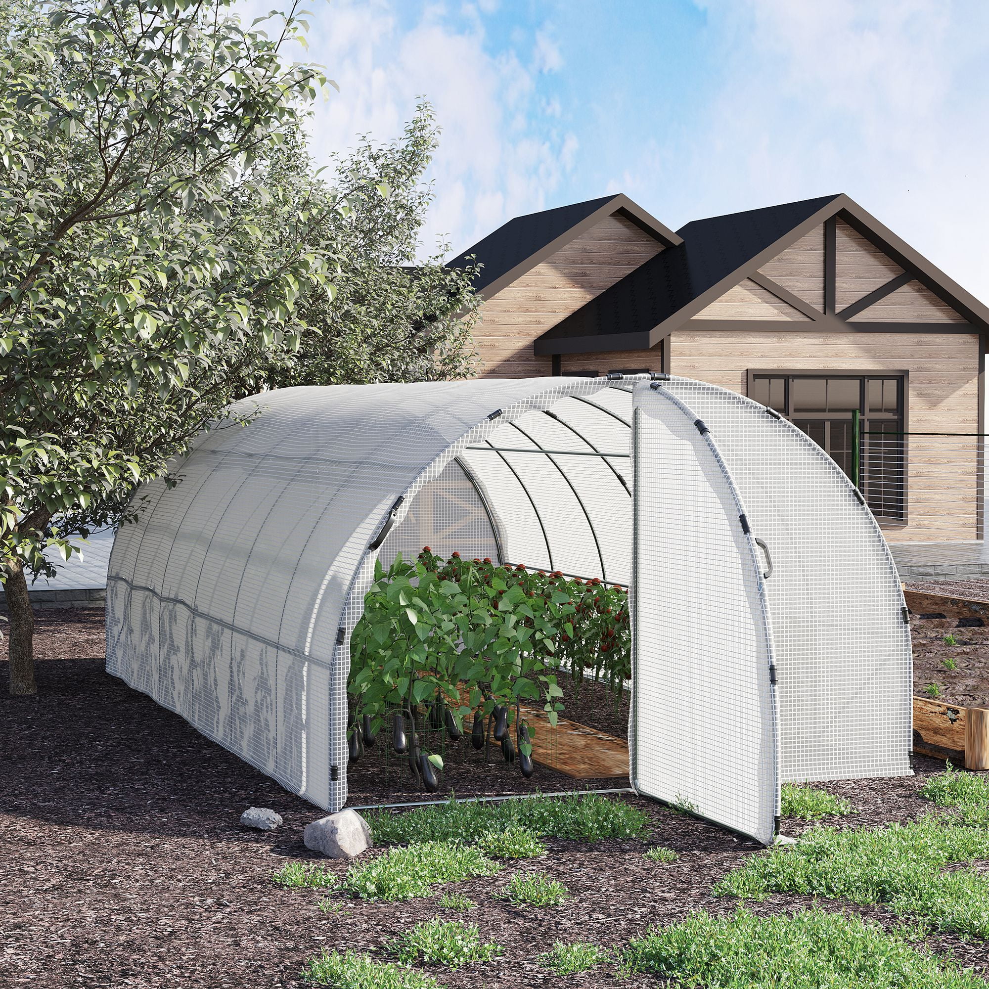 Outsunny 20' x 10' x 7' Walk-in Tunnel Greenhouse with Zipper Doors White