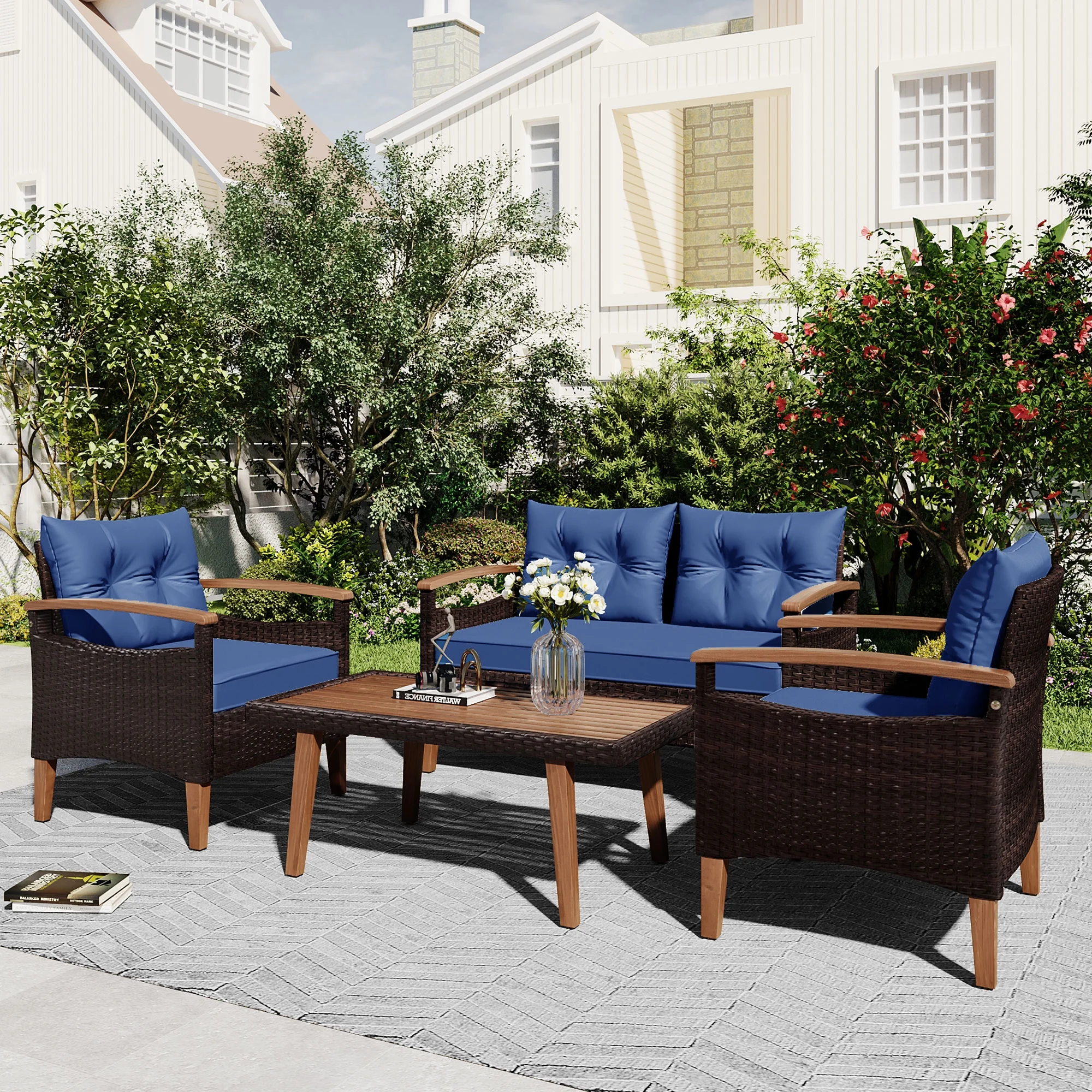 DOPIN 4 Pieces Patio Conversation Set, Wood Outdoor Rattan Sectional Sofa, Wicker Patio Furniture Set with Wood Coffee Table, Ideal for Garden, Porch, Backyard, Blue