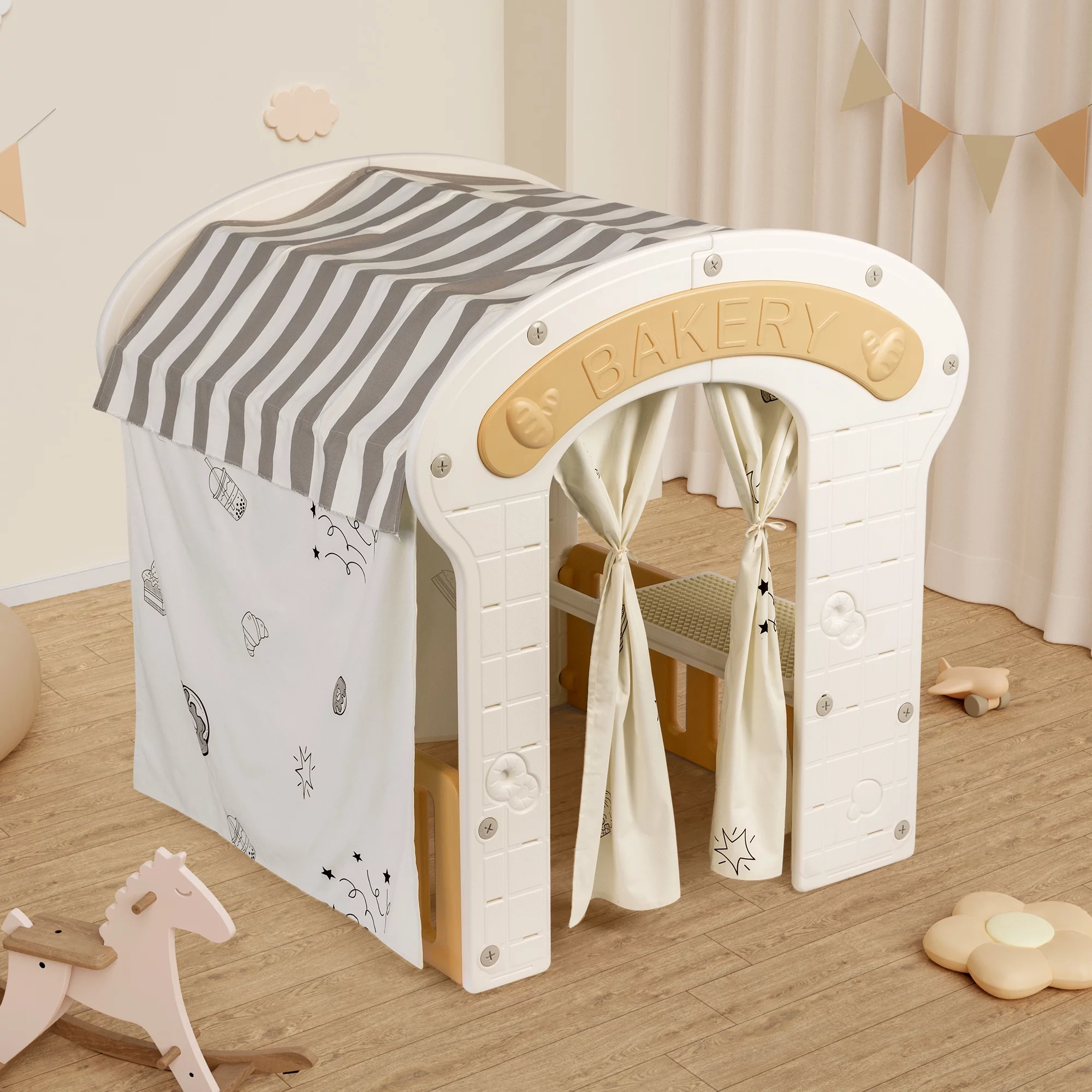 Duke Baby Cottage Bakery Play house, Indoor Outdoor Prented Playset for Toddlers 2 - 10 Years Old, Cream White