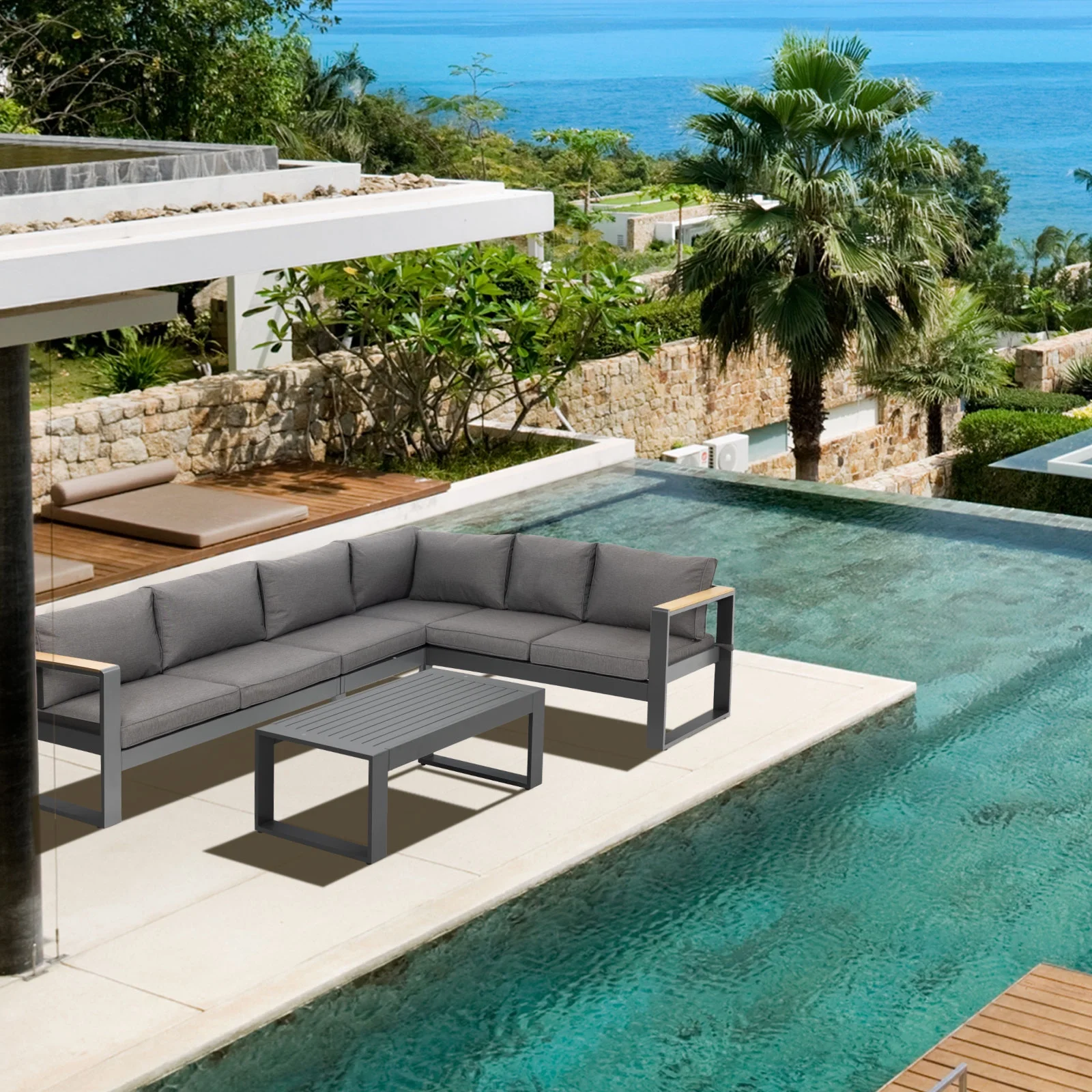 Aoodor 5 Pieces Aluminum Sectional Patio Furniture Set - Modern Outdoor Metal Sofa with Thick Cushions, Weather-Resistant L-Shaped Design, Easy Assembly - Ideal for Balcony, Backyard, and Garden D