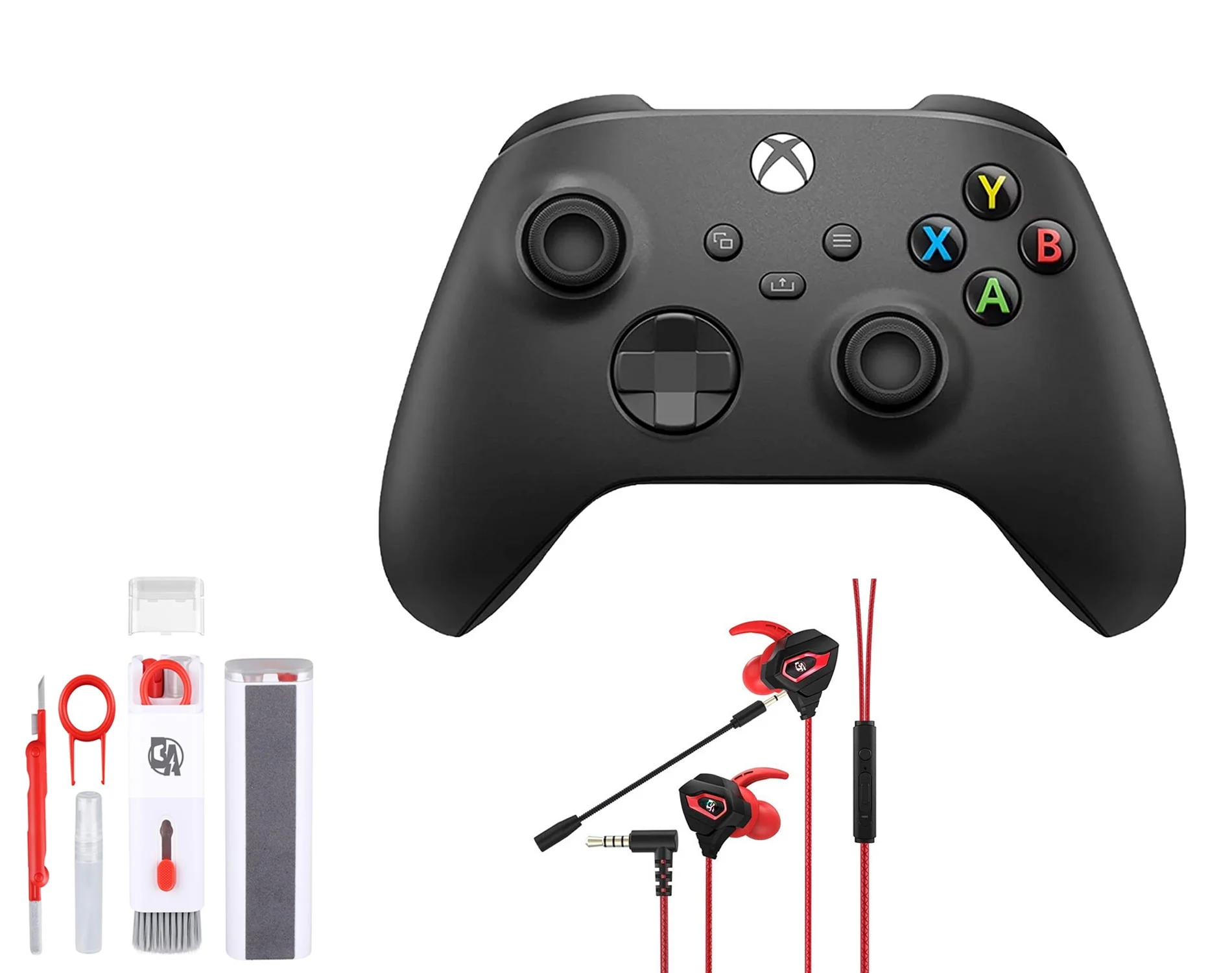 Microsoft Xbox Wireless Carbon Black Controller for Xbox Console + Wired Earbuds With Cleaning Kit BOLT AXTION Bundle Used