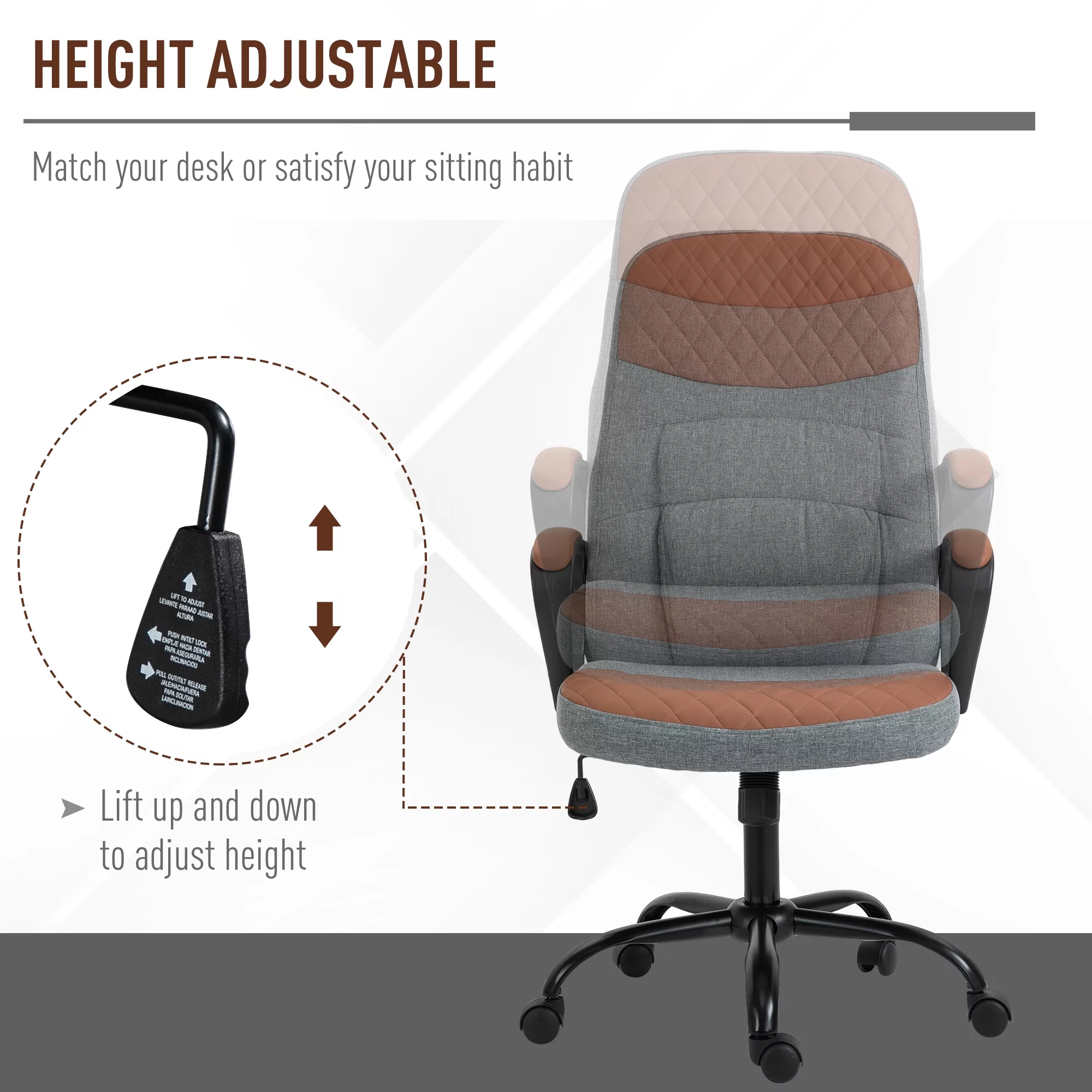 Vinsetto High Back Office Chair with 2-Point Lumbar Massage, USB Power, Faux Leather, and Linen Fabric, Brown and Grey