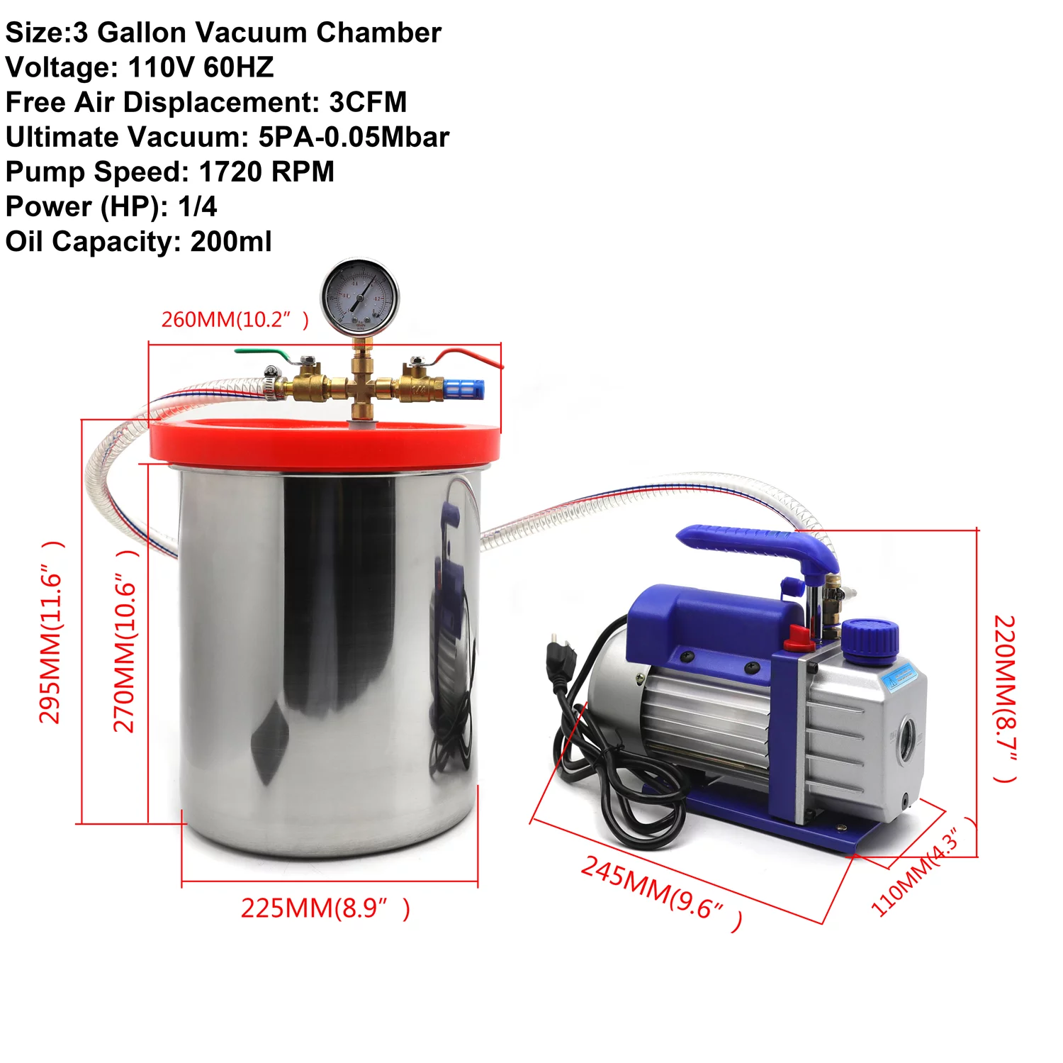 3 Gallon Vacuum Chamber Degassing Silicone Set 3CFM Pump Single Stage 1/4HP Kit