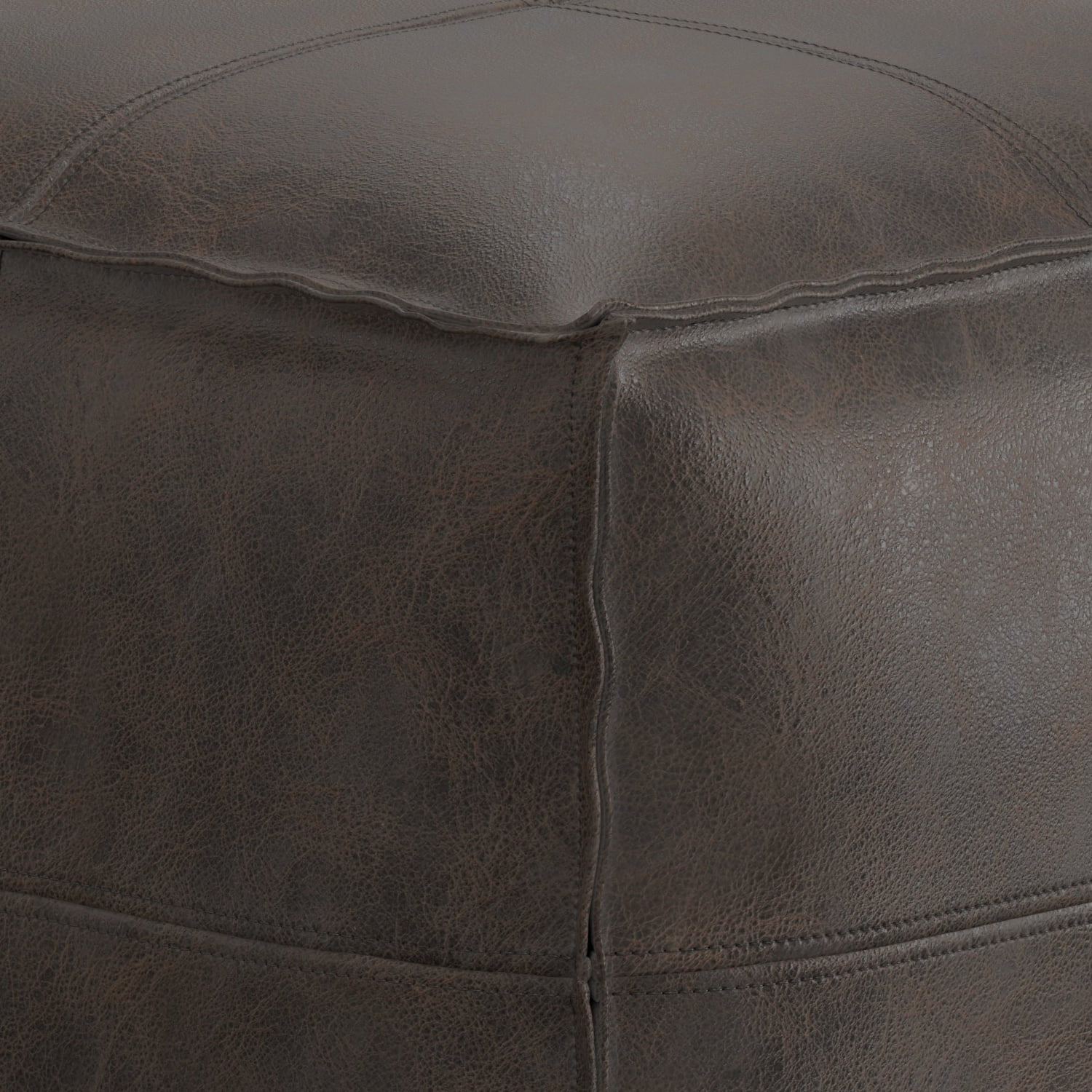 Simpli Home Sheffield Boho Square Pouf in Distressed Dark Brown Leather