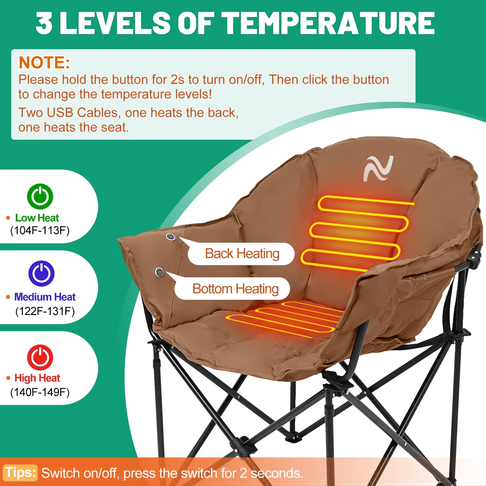Slsy Oversized Heated Camping Chair, Padded Camp Chair with 3 Heat Levels, Portable Folding Heated Chair Round Moon Saucer Folding Lawn Chair Outdoor Chair