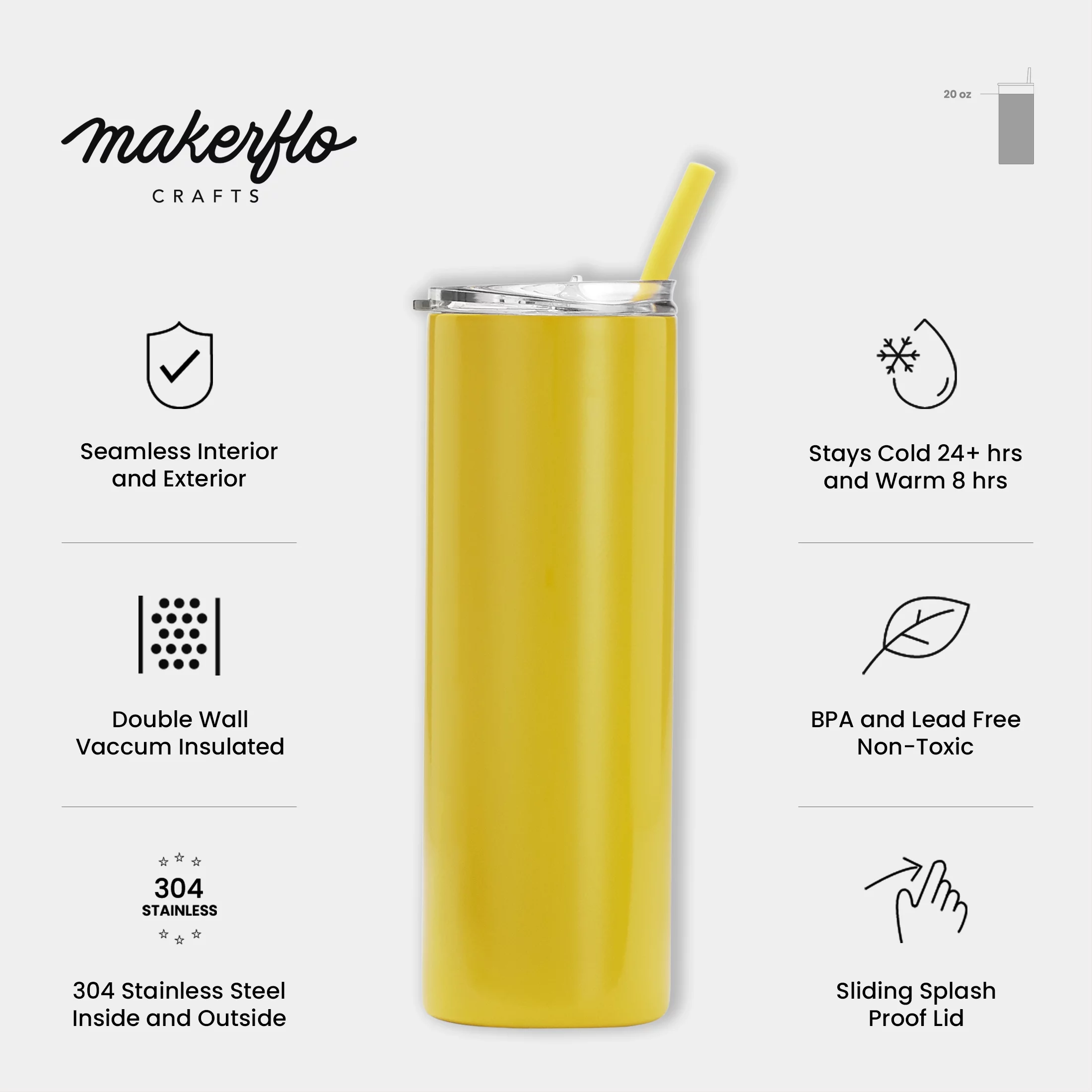 Makerflo 20 oz Skinny Powder Coated Tumbler, Stainless Steel Insulated Travel Tumbler Mug with Splash Proof Lid & Straw, for Tea, Wine, Water, Hot Cold Drink, For Personalized DIY Gifts,Yellow,1 Pc