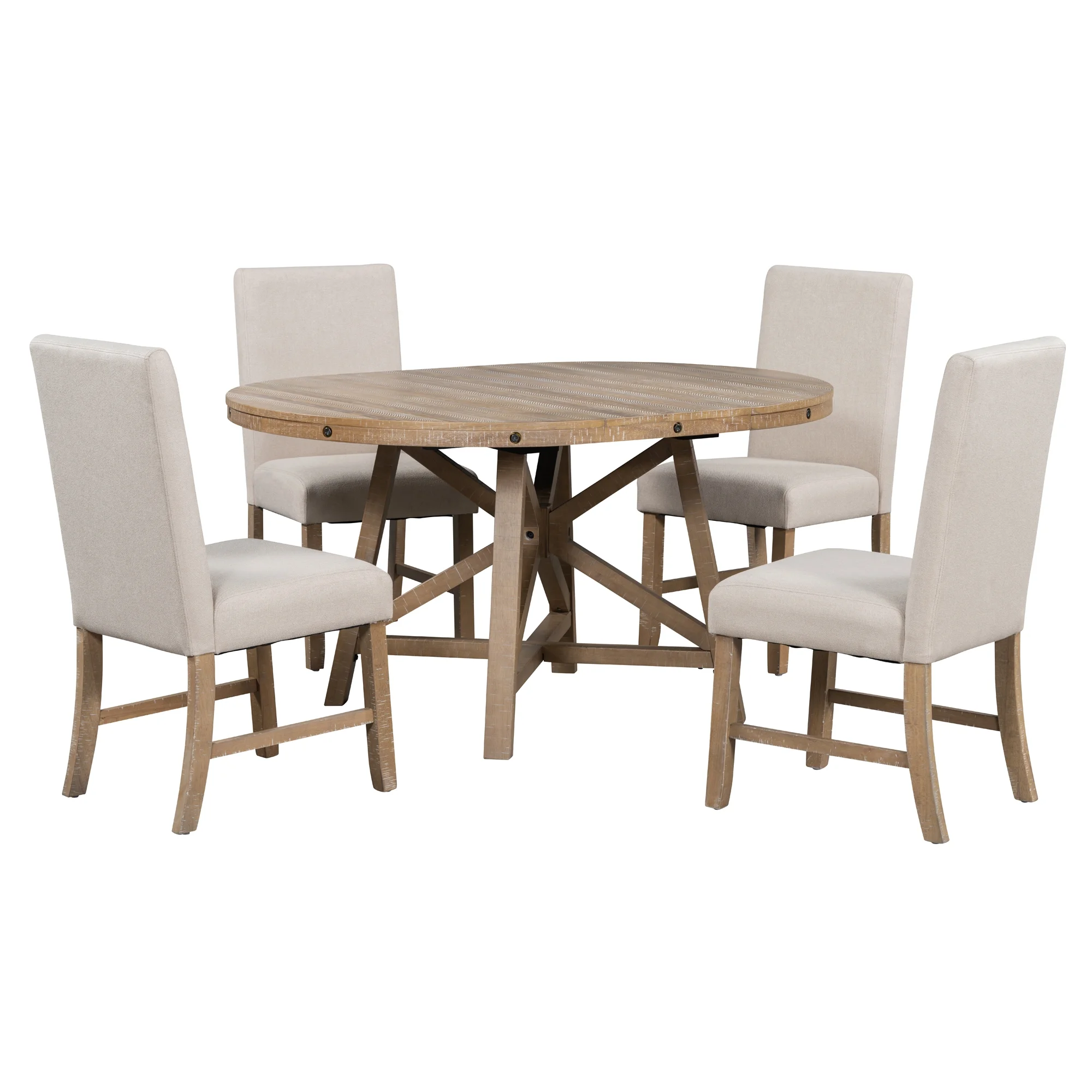 TREXM 5-Piece Retro Dining Set with Extendable Round Table, Removable Middle Leaf, and 4 Upholstered Chairs - Natural Wood Wash