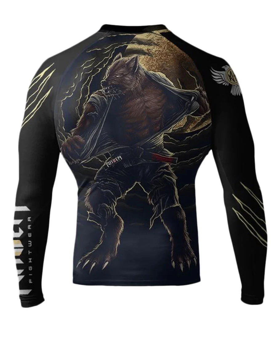 Raven Fightwear Men's BJJ Horror Werewolf Long Sleeve MMA Rash Guard Medium