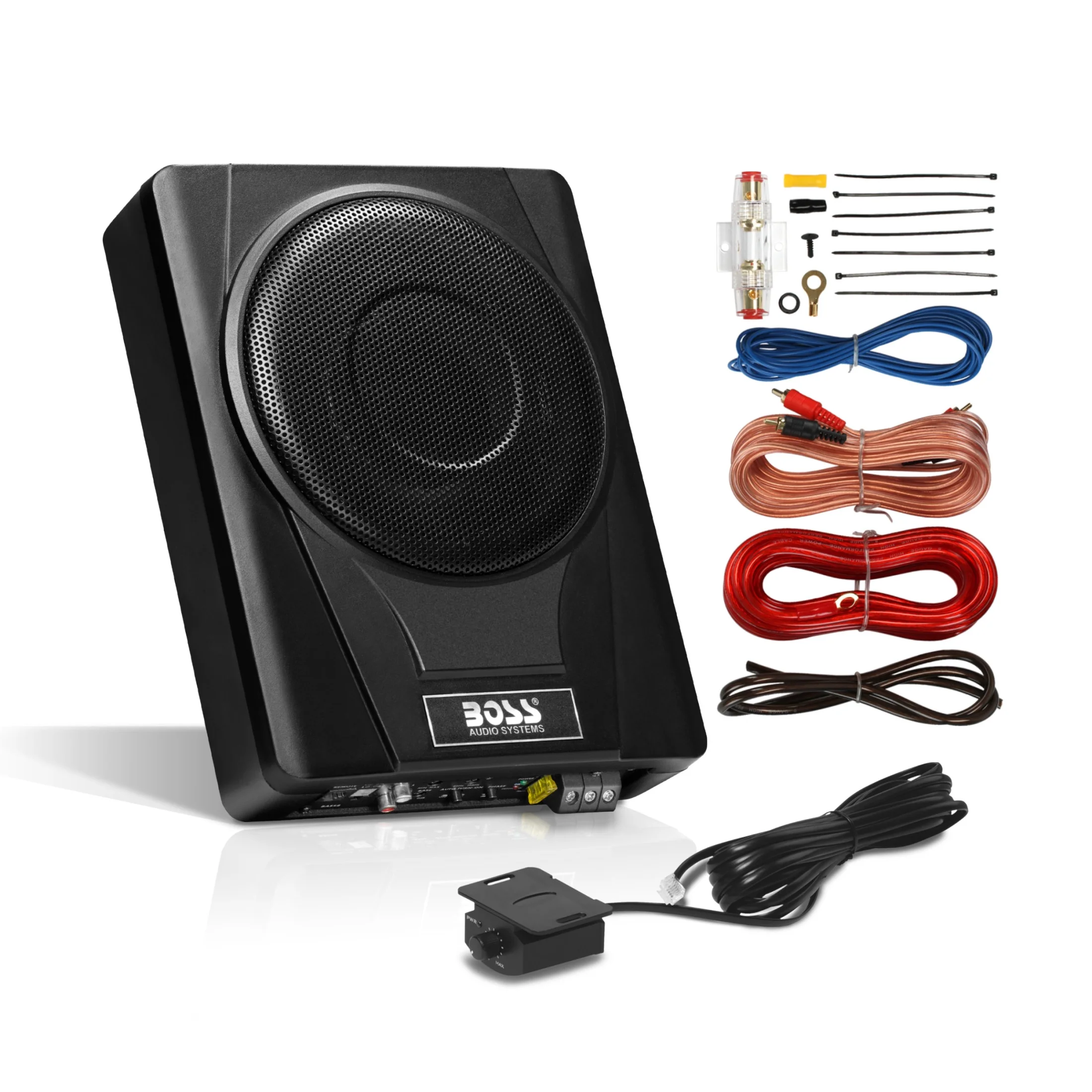 BOSS Audio Systems BASS8K 8 Inch Powered Under Seat Car Subwoofer and 8 Gauge Amp Wiring Kit Package - 800 Watts Max, Single 4 Ohm Voice Coil, Built-in Amp, Remote Subwoofer Control, Sold Individually