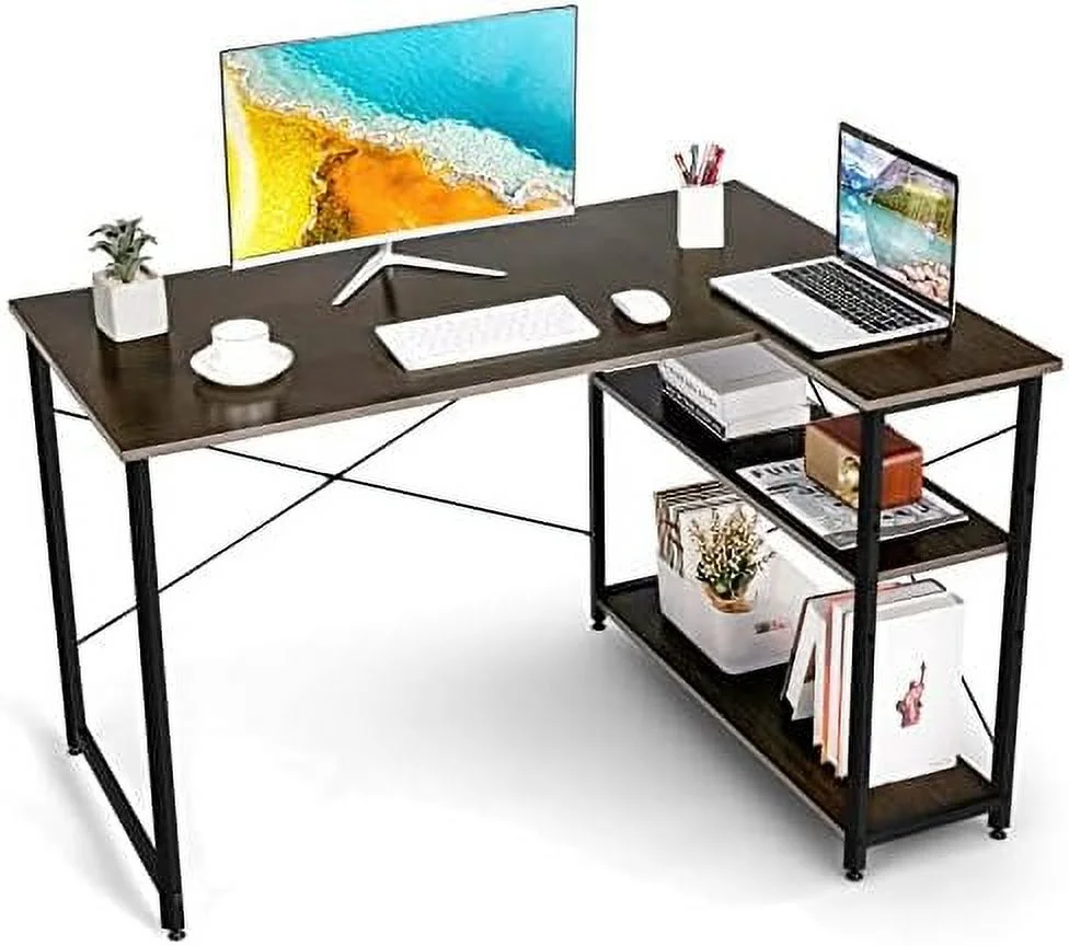 xrboomlife L-Shaped Computer Desk with Reversible Shelves  48 Inch Corner Computer Desk  Modern Writing Study Desk Home Office Workstation  Space Saving Design (48 Inch  Brown)
