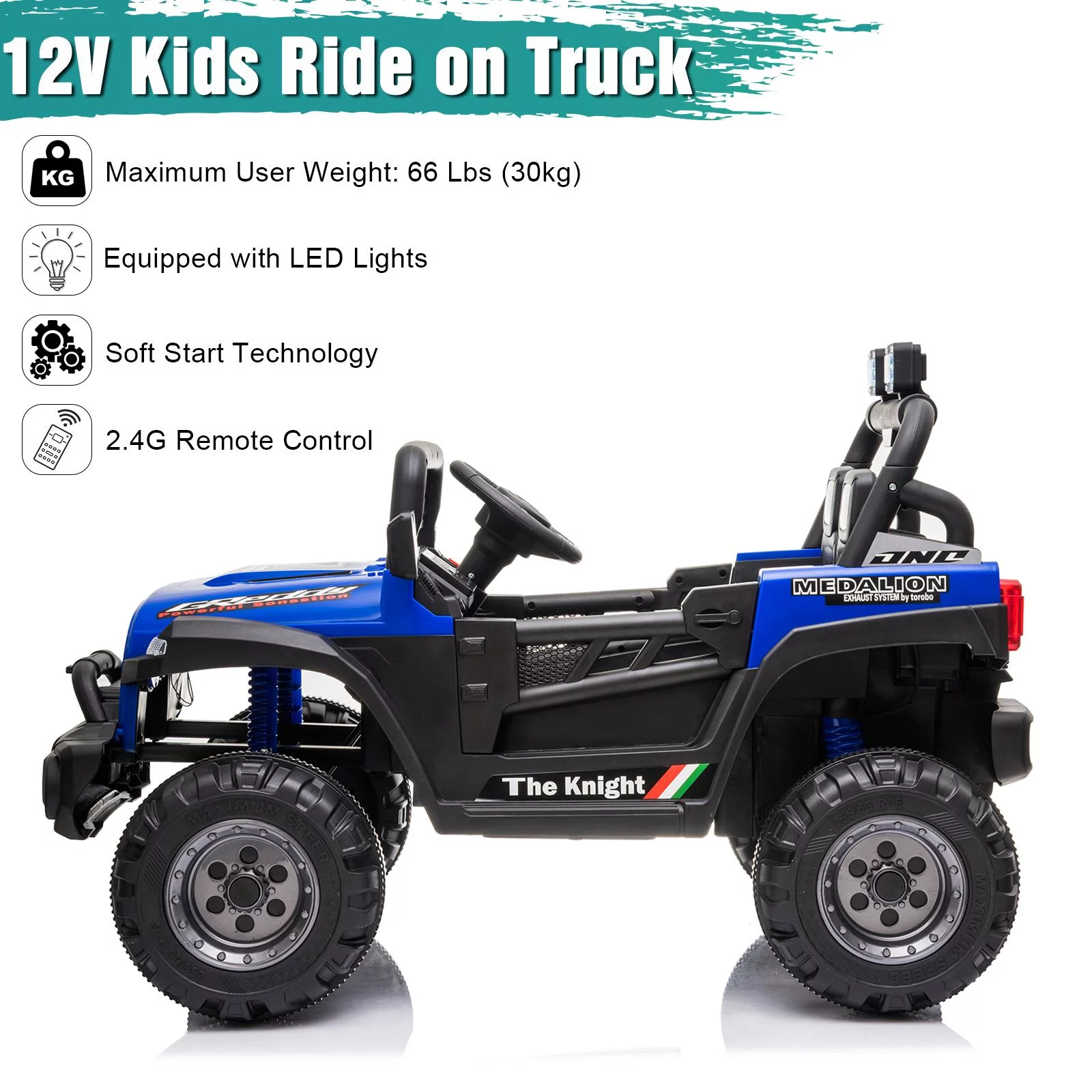 UBesGoo 12V Kids Battery Powered Electric Truck Ride-On Car with RC, Headlights, Music - Blue