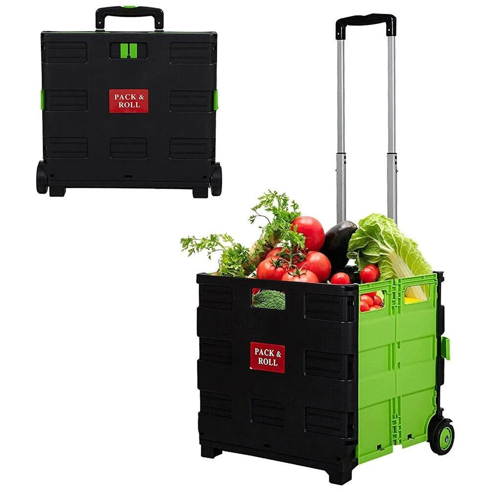 Glavbiku 44L Collapsible Rolling Crate Utility Cart, Foldable Shopping Cart with Wheels,Green