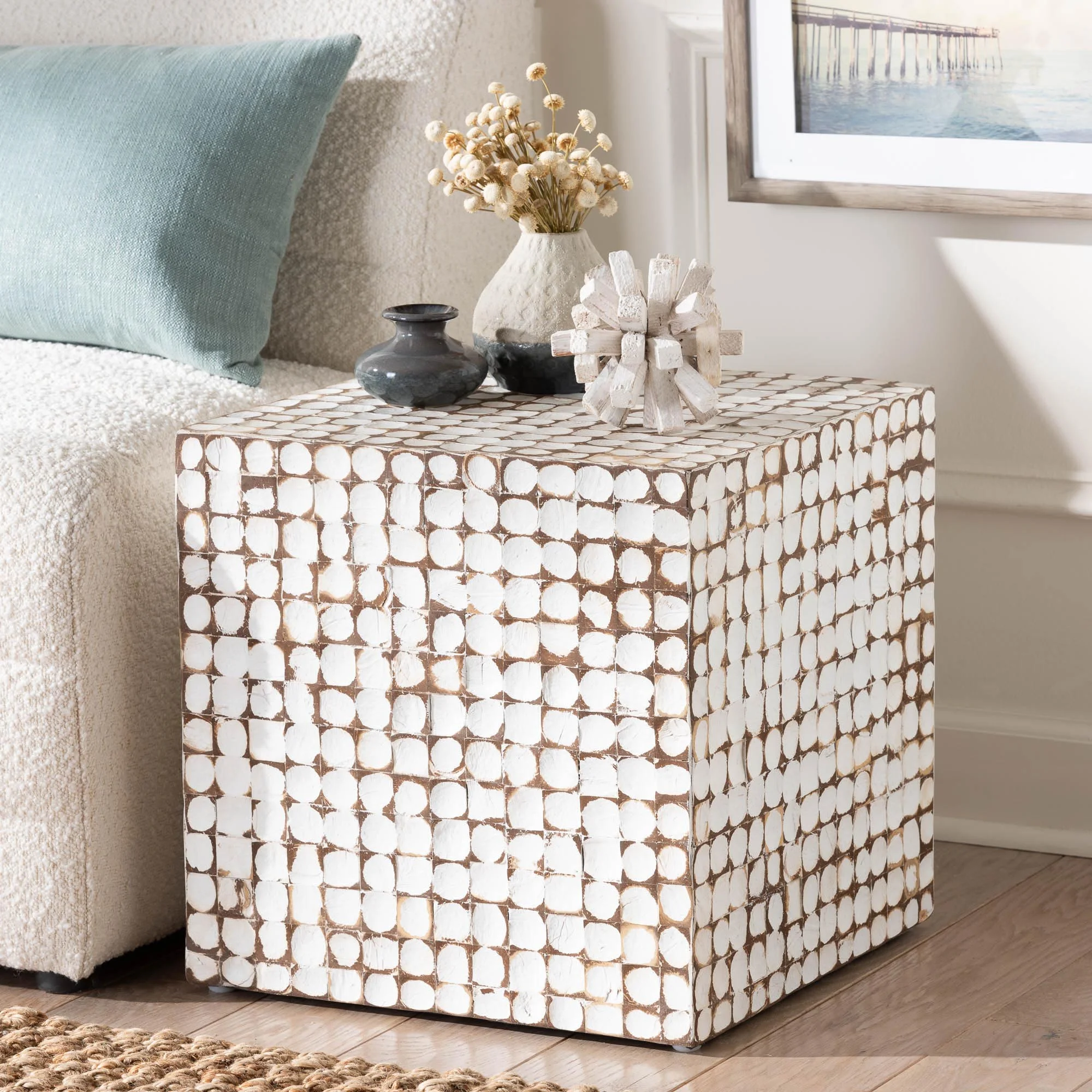 bali & pari Janella Boho End Table, Square, Ivory