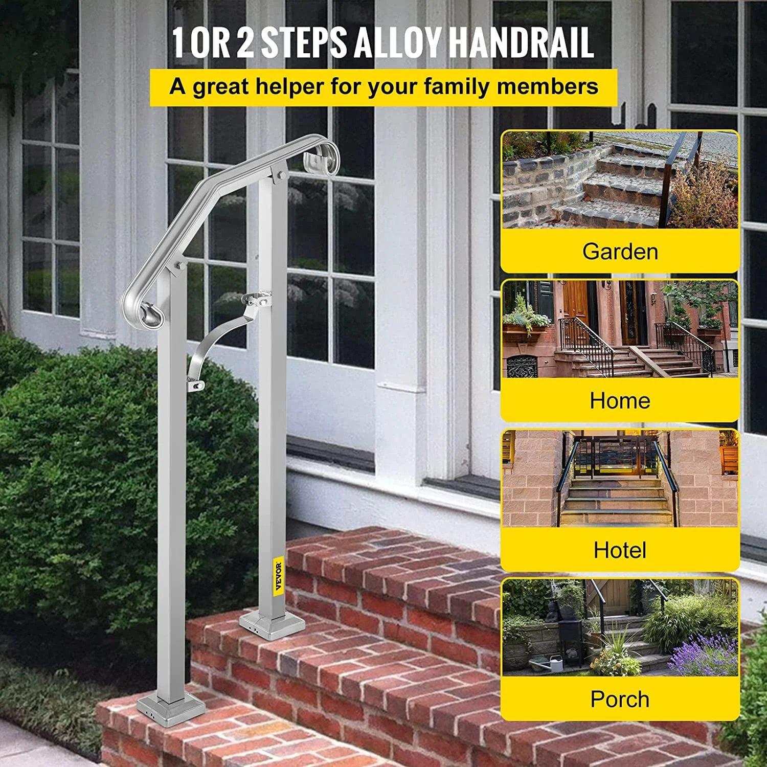 Vevor HWLZLTFSHSC123B63V0 Outdoor Stair Railing for 1 or 2 Steps Alloy Metal Handrailing, Silver