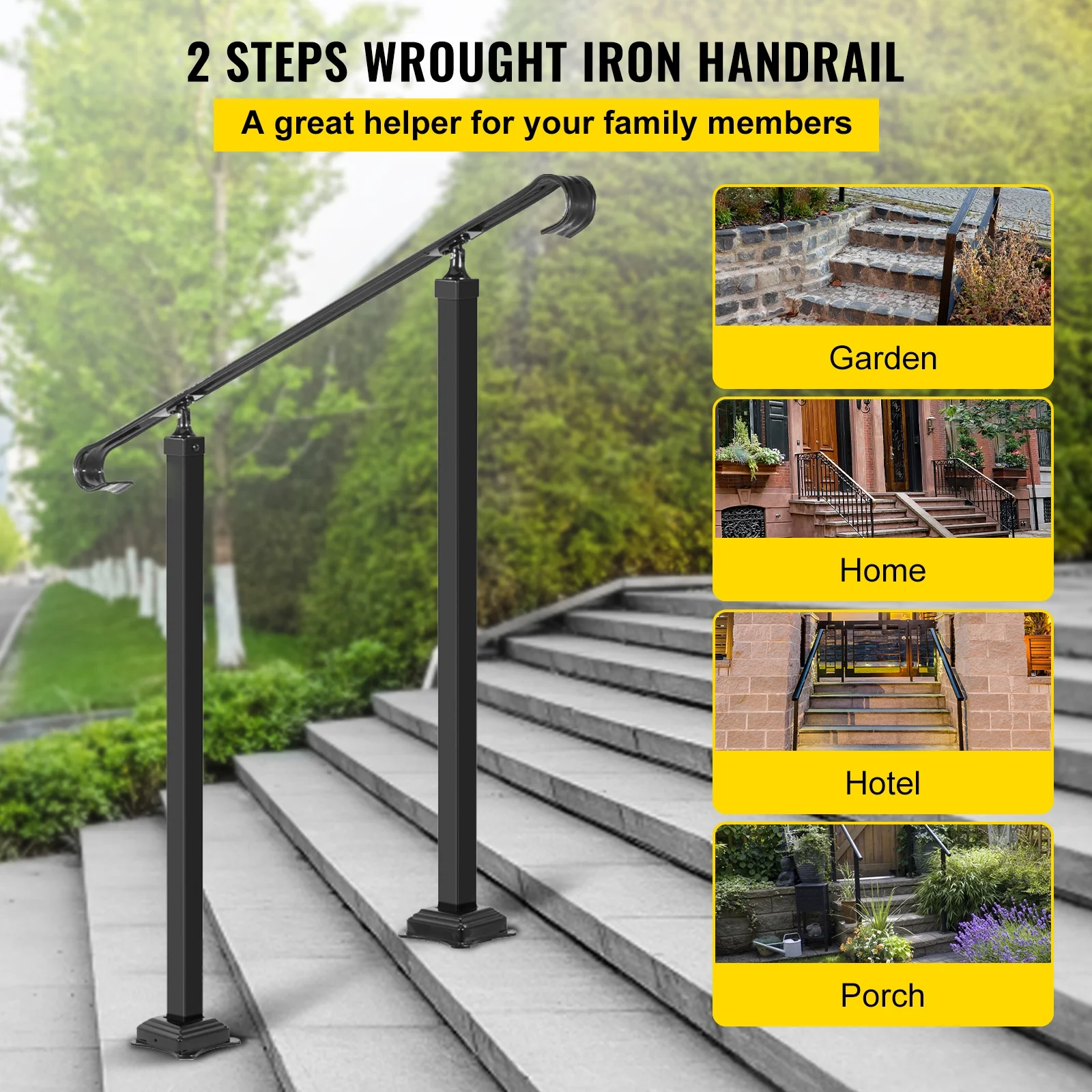 SKYSHALO Wrought Iron Handrail for 2 or 3 Step Outdoor Stair Handrail, Adjustable Front Porch Handrail, Black Transition Handrail for Concrete Steps or Wood Stairs with Installation Kit