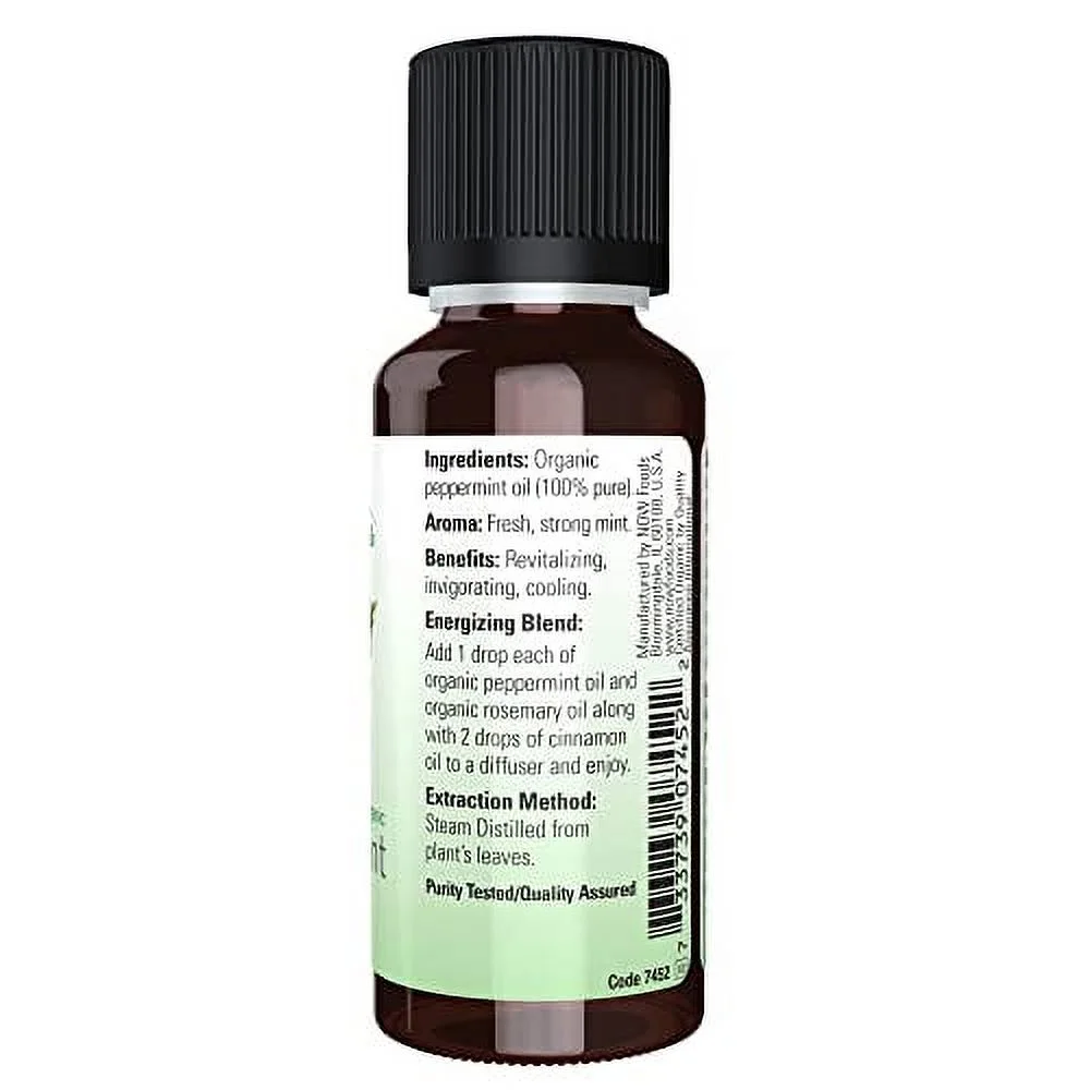 NOW Essential Oils Organic Peppermint Oil Invigorating Aromatherapy Scent Steam Distilled 100 Pure Vegan Child Resistant Cap 1 Ounce