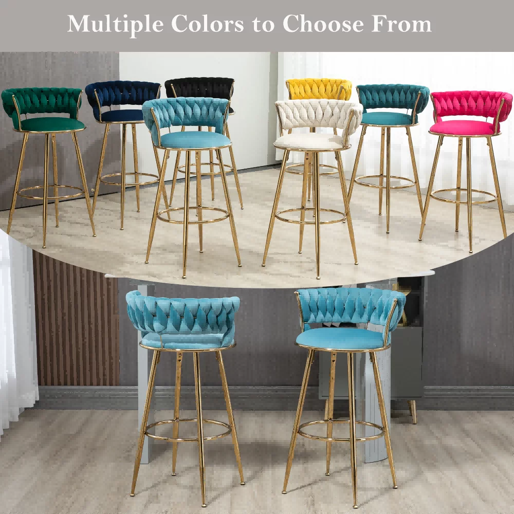 Velvet Tufted Counter Height Bar Stool Chairs with Solid Metal Legs Upholstered Bar Stools, Kitchen Island Padded Barstools with Footrest High Dining Chairs(Blue,Set of 2)