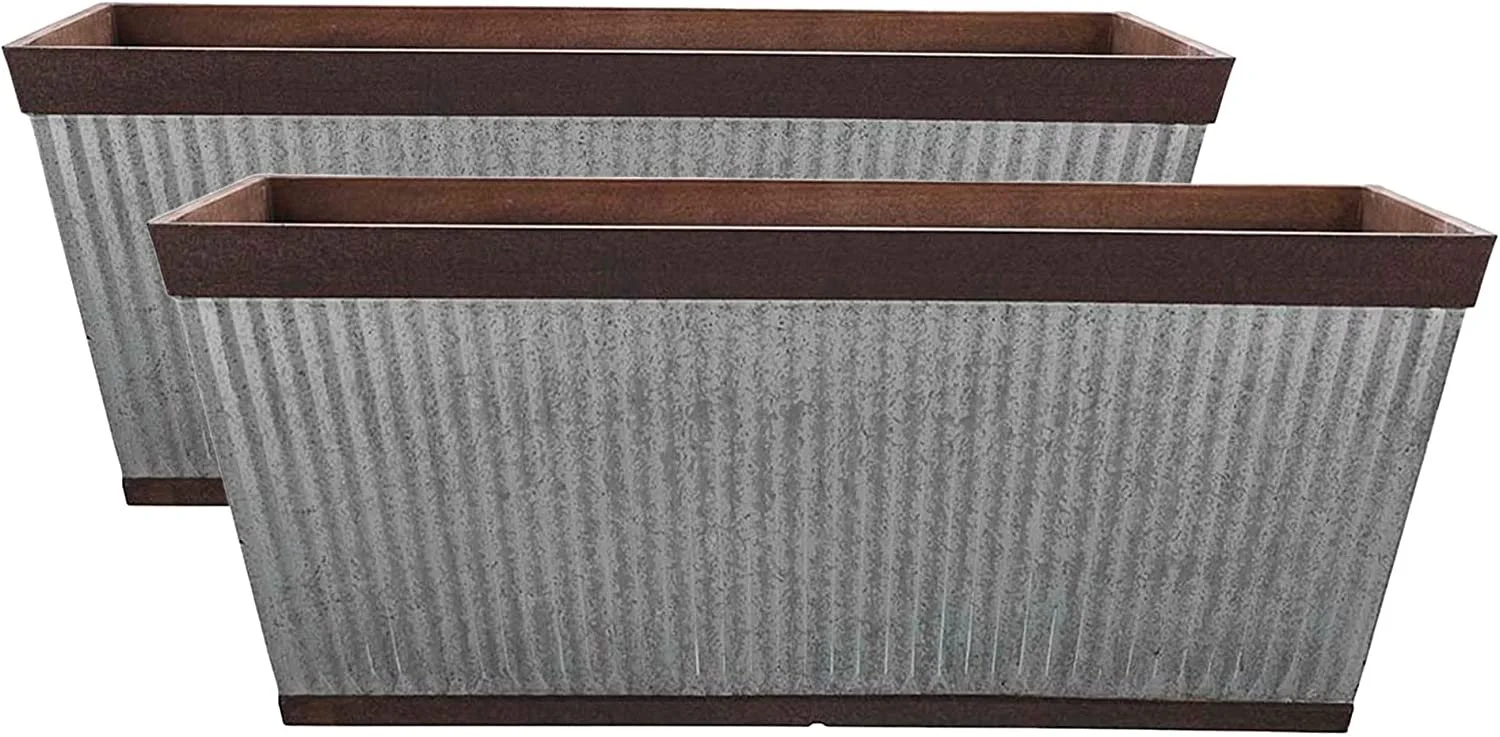 Southern Patio 24 Inch Westlake Outdoor Deck Rail Textured Resin Garden Flower Herb Planter w/ UV Protectors, Rustic Galvanized 2 Pack