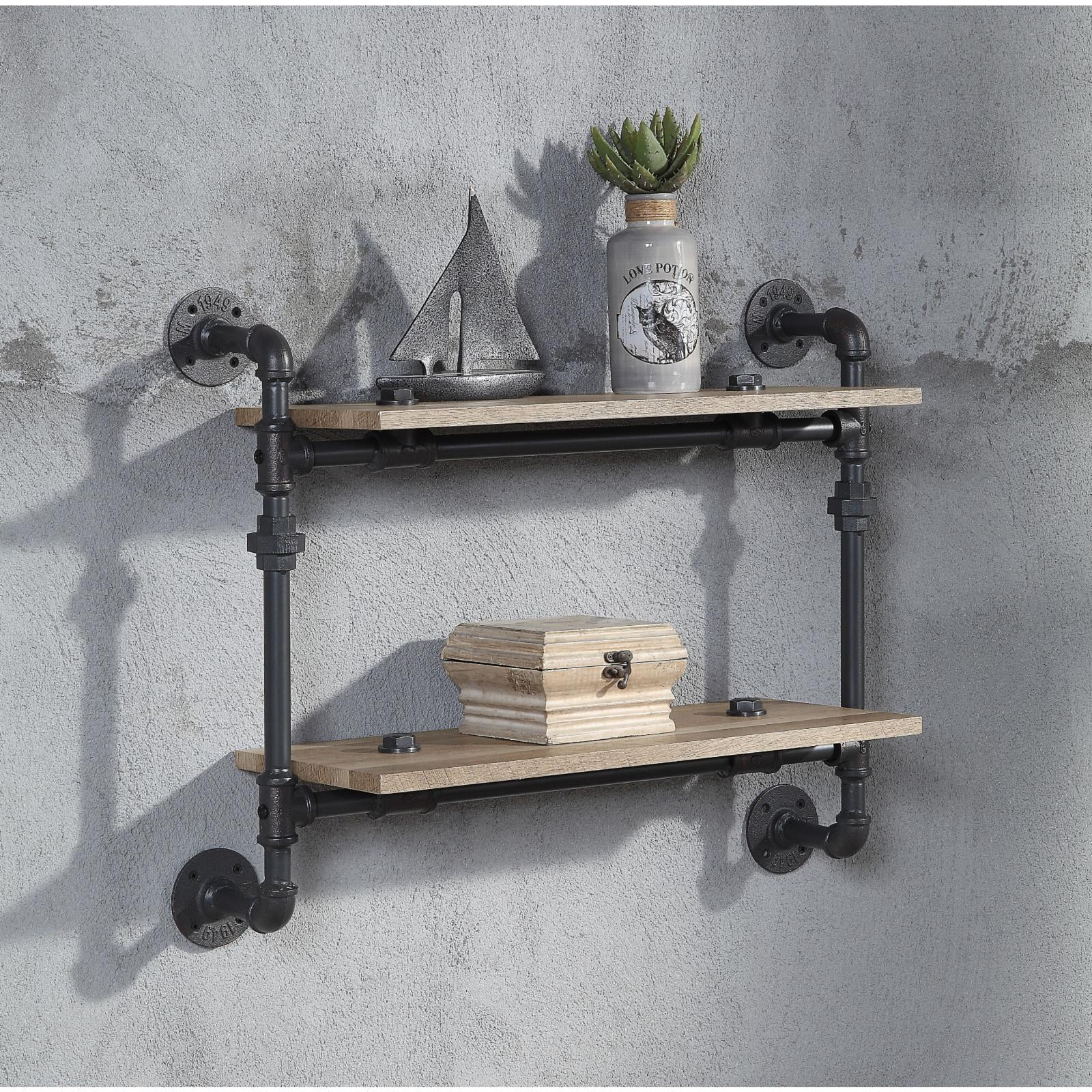 ACME Brantley Wall Rack with 2 Wooden Shelves in Oak and Sandy Black